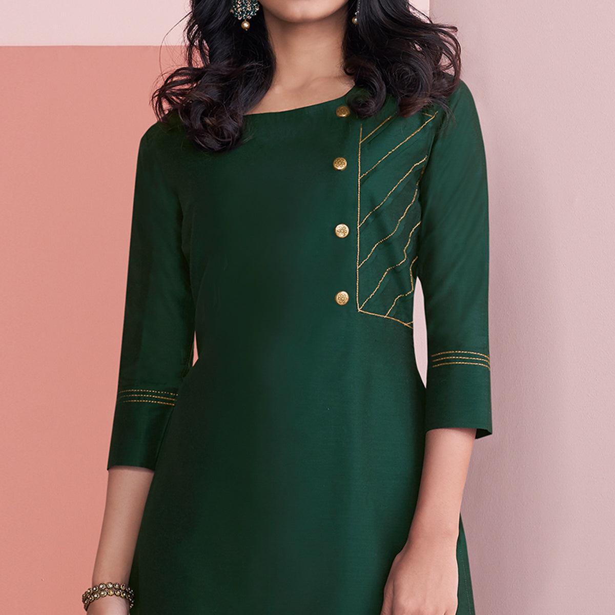Majesty Green Colored Partywear Embroidered Pure Viscose Silk Palazzo Suit - Peachmode