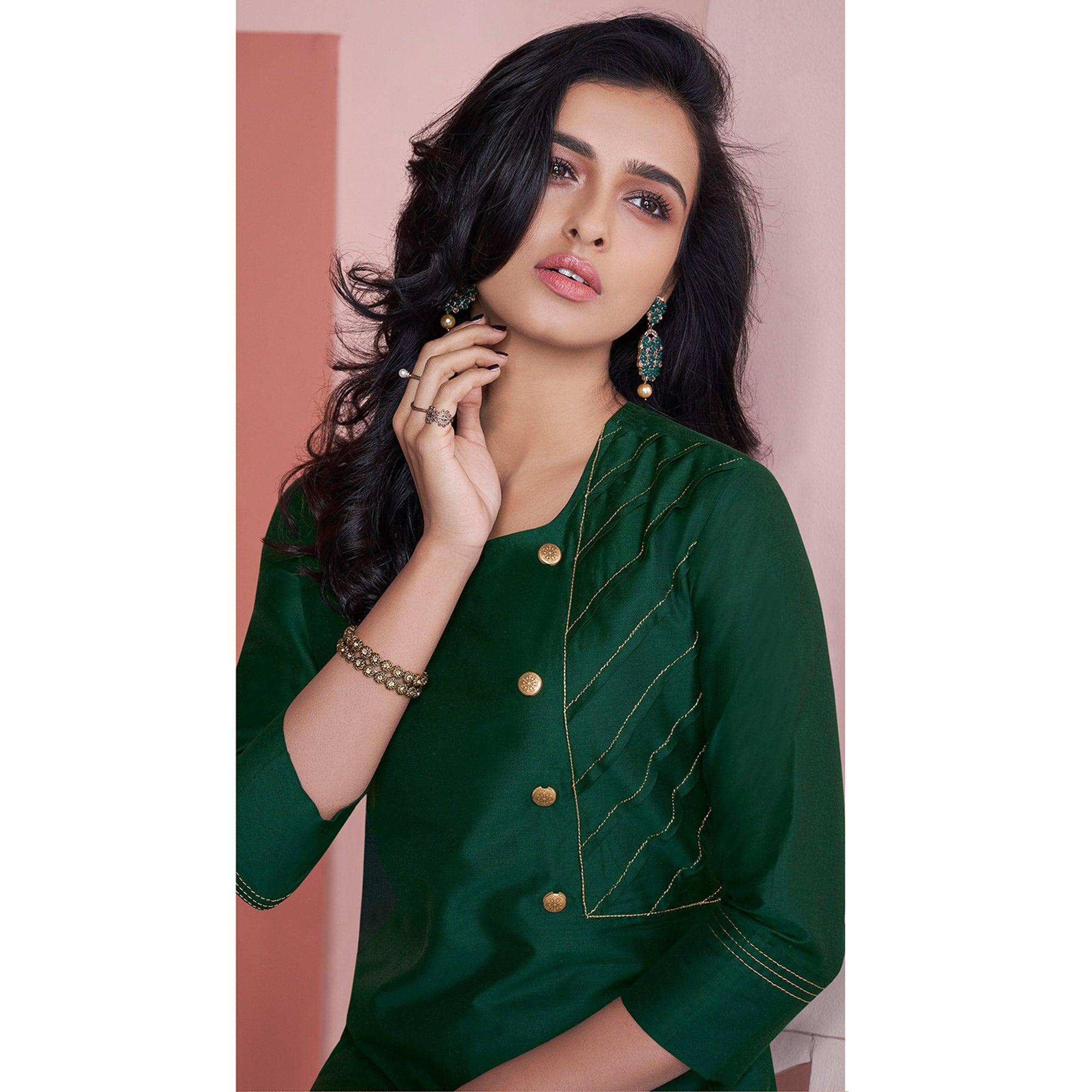 Majesty Green Colored Partywear Embroidered Pure Viscose Silk Palazzo Suit - Peachmode