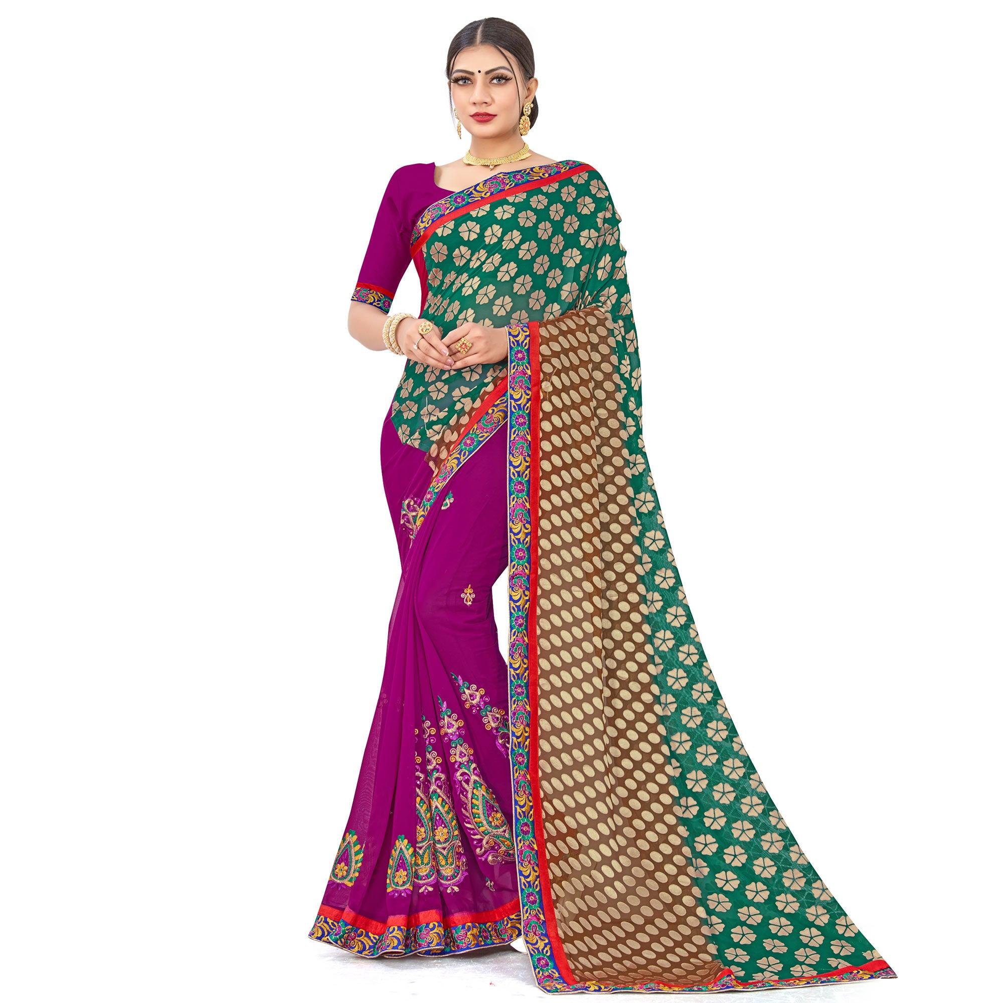 Majesty Green-Purple Colored Party Wear Embroidered Georgette Half-Half Saree - Peachmode