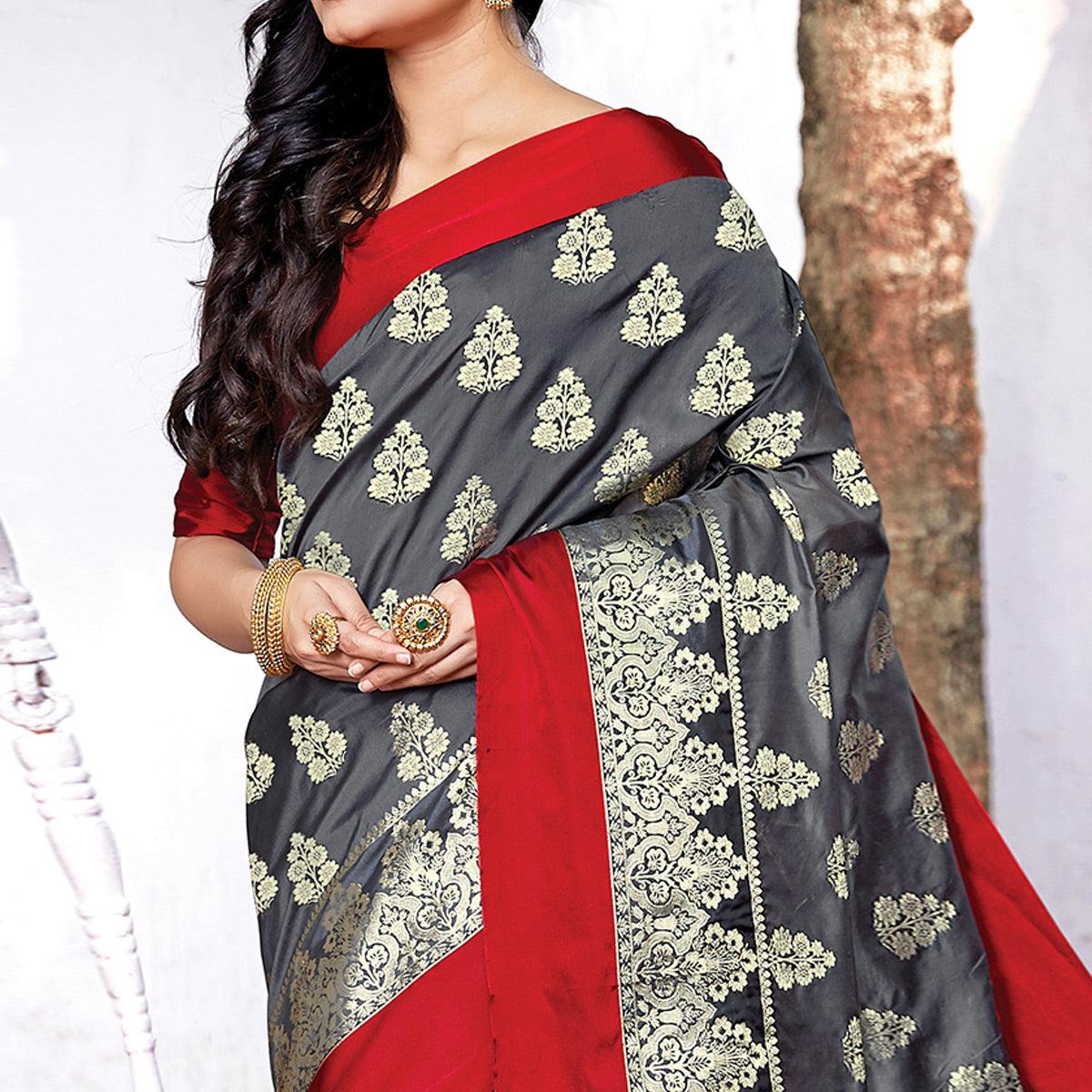 Majesty Grey Colored Festive Wear Woven Silk Saree - Peachmode