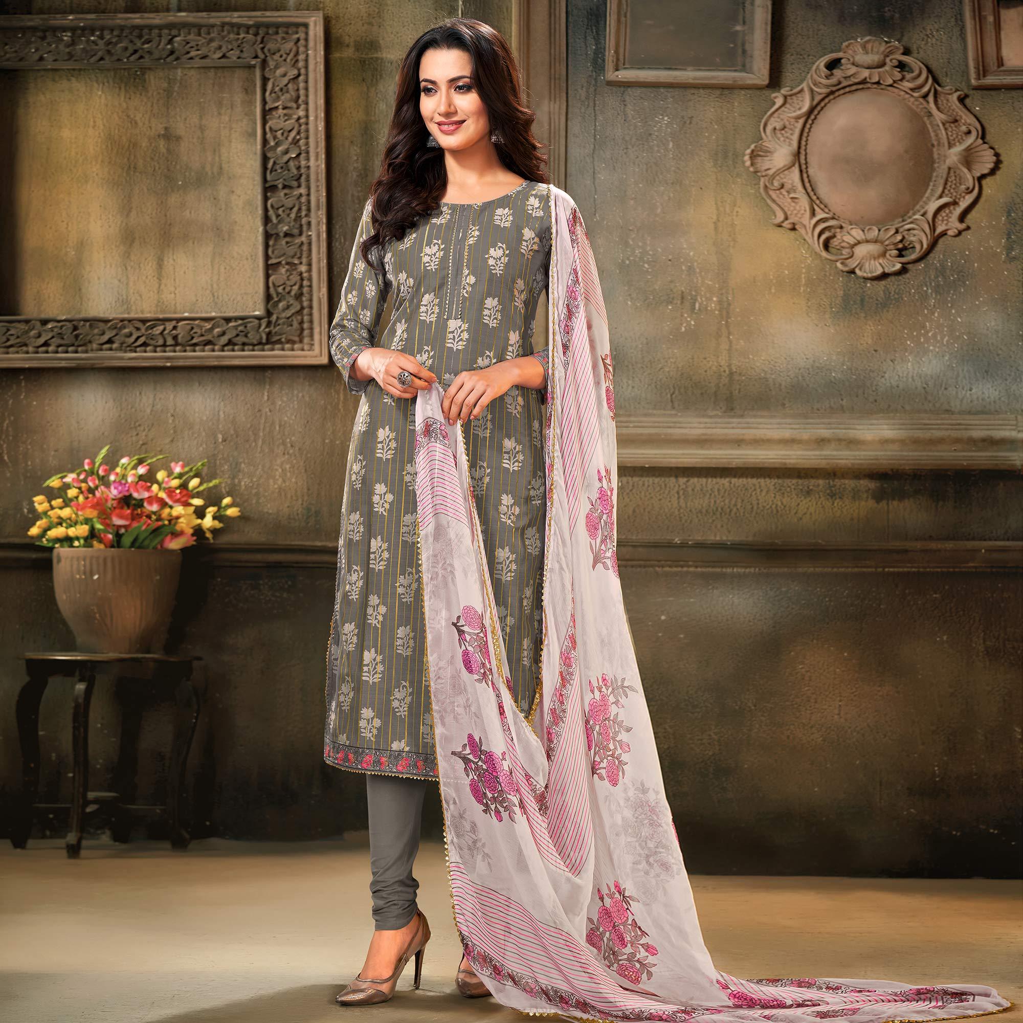 Majesty Grey Colored Partywear Embroidered Chanderi Dress Material - Peachmode