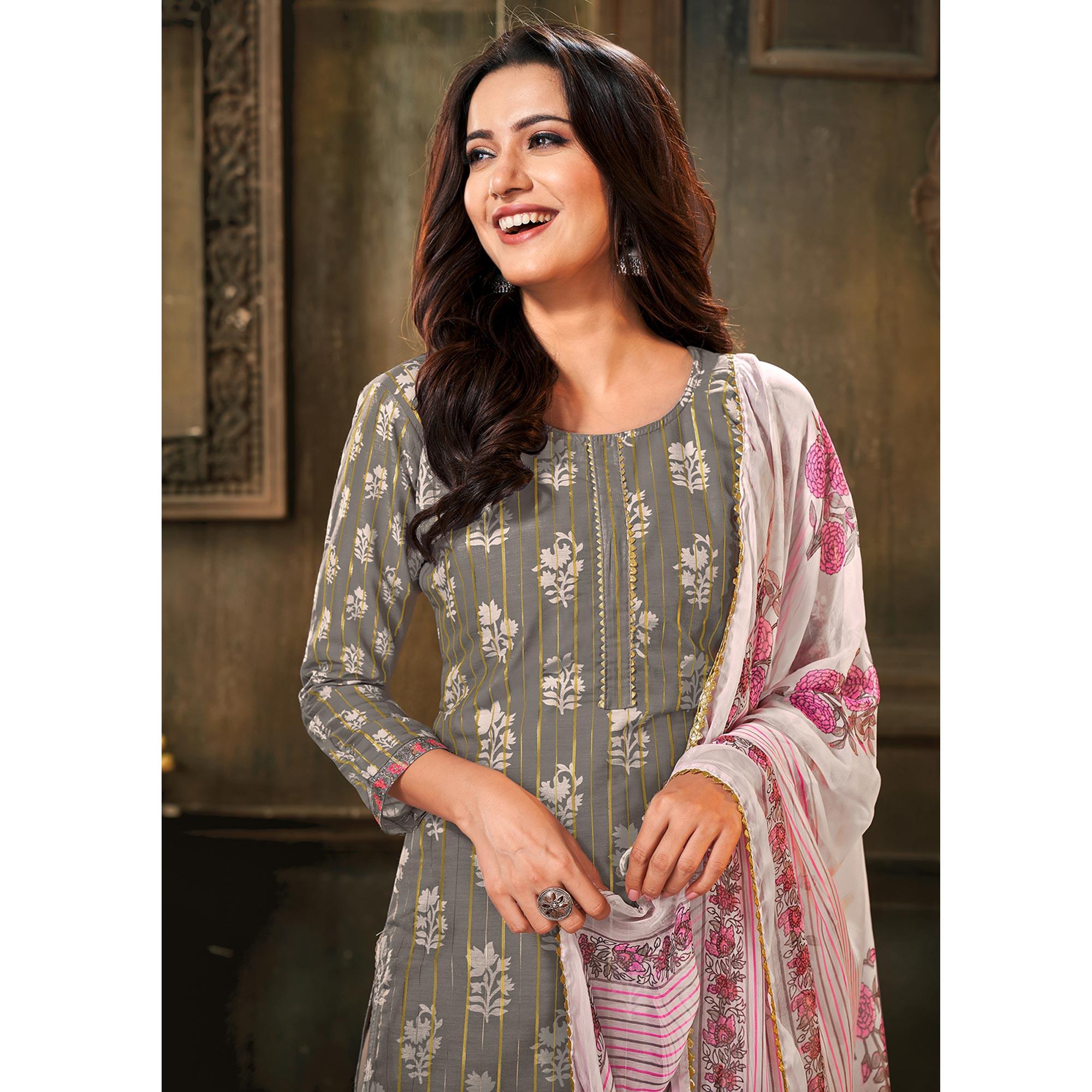Majesty Grey Colored Partywear Embroidered Chanderi Dress Material - Peachmode