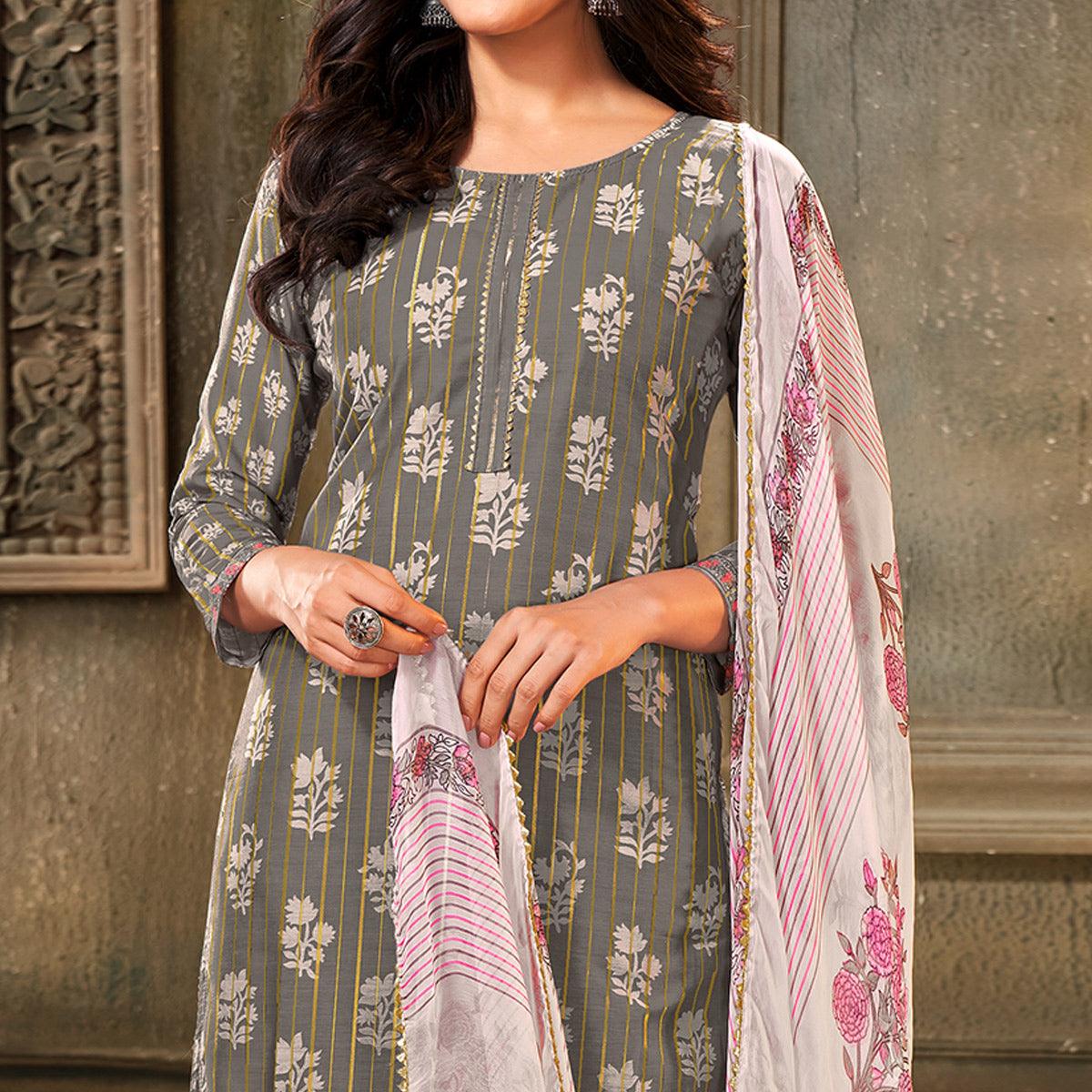 Majesty Grey Colored Partywear Embroidered Chanderi Dress Material - Peachmode