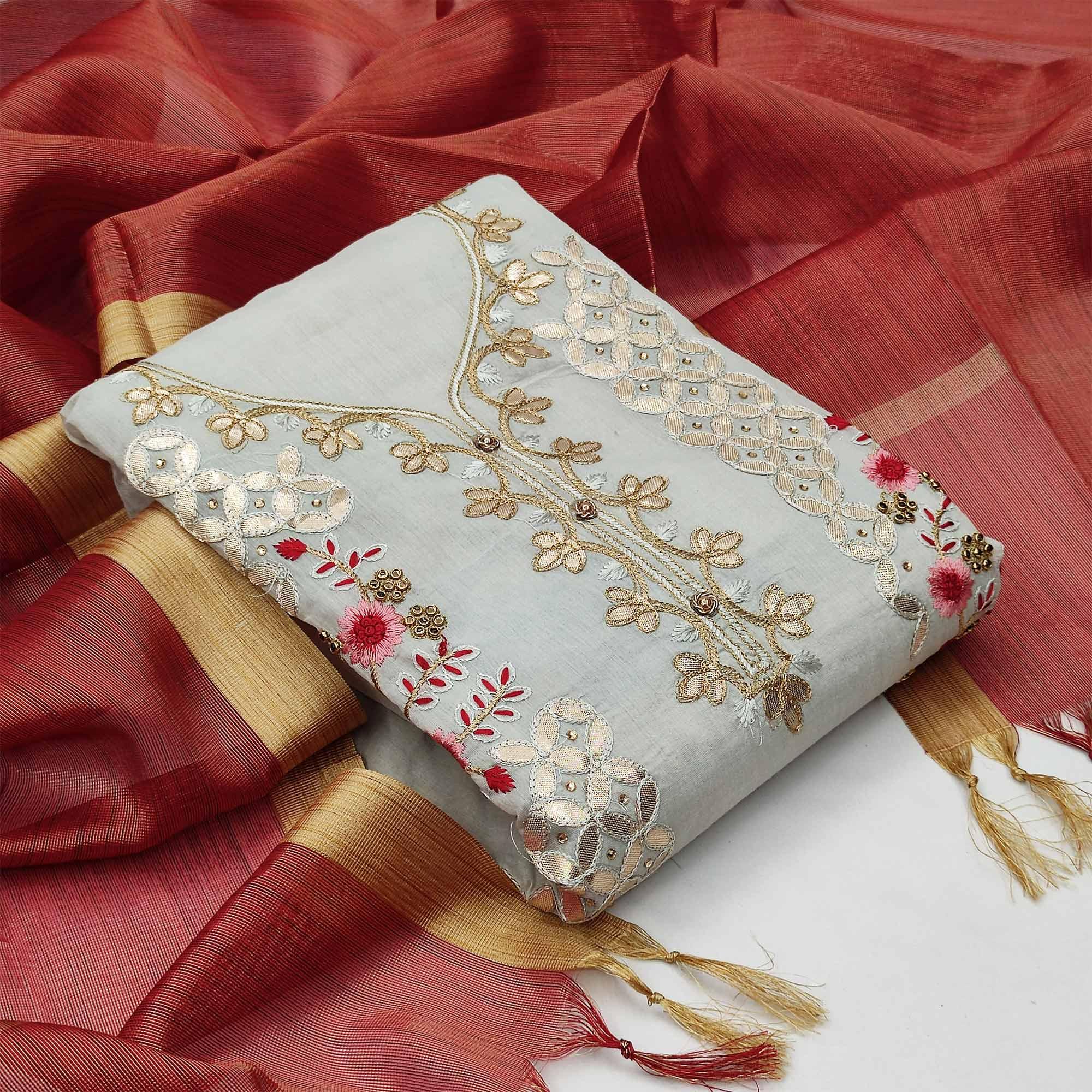 Majesty Light Blue Colored Casual Embroidered Modal Chanderi Dress Material - Peachmode