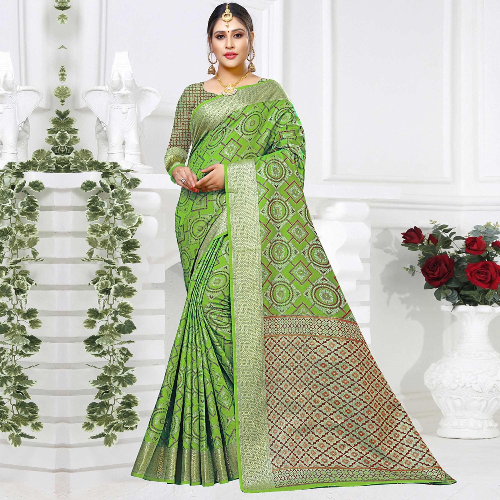 Majesty Light Green Colored Festive Wear Woven Silk Saree - Peachmode
