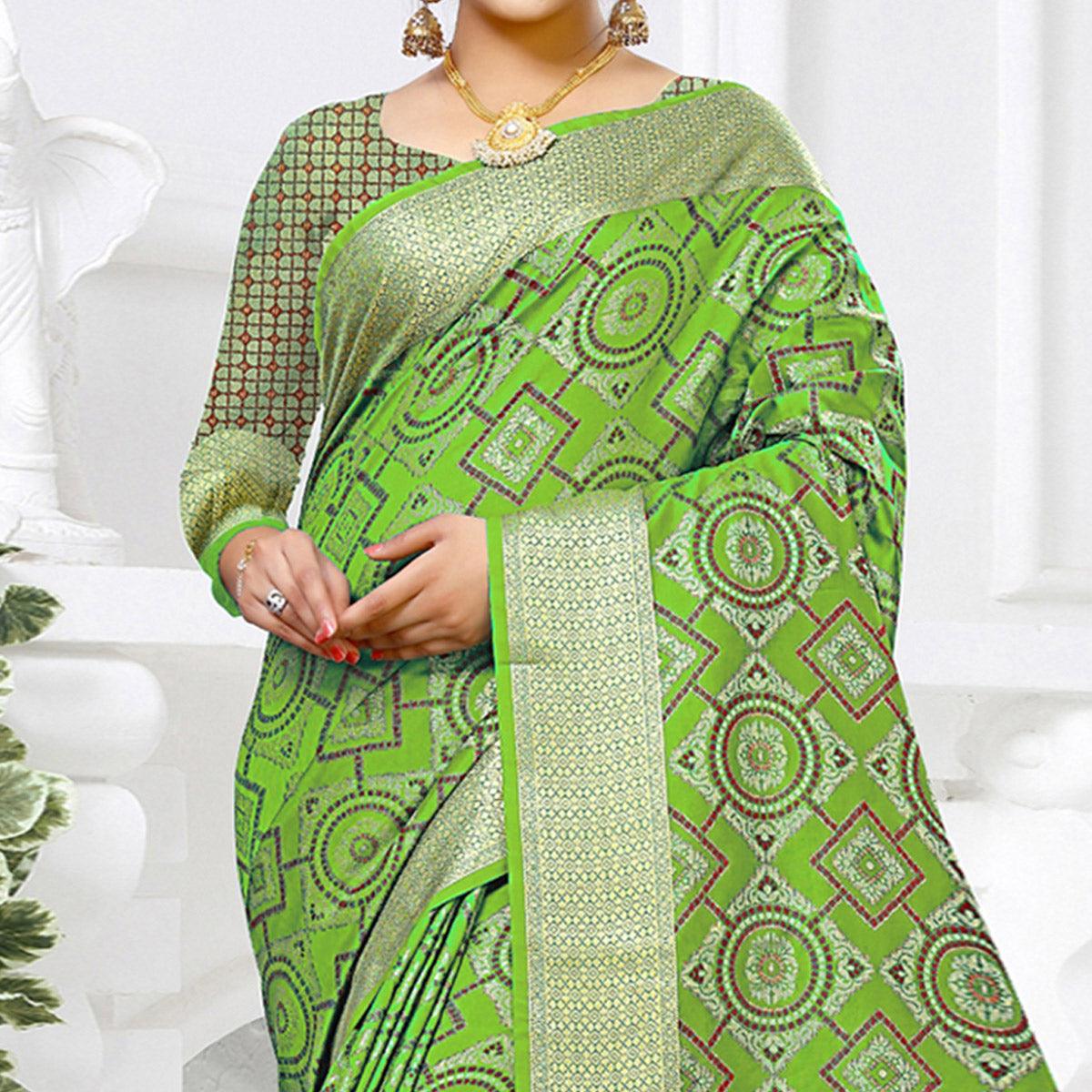 Majesty Light Green Colored Festive Wear Woven Silk Saree - Peachmode