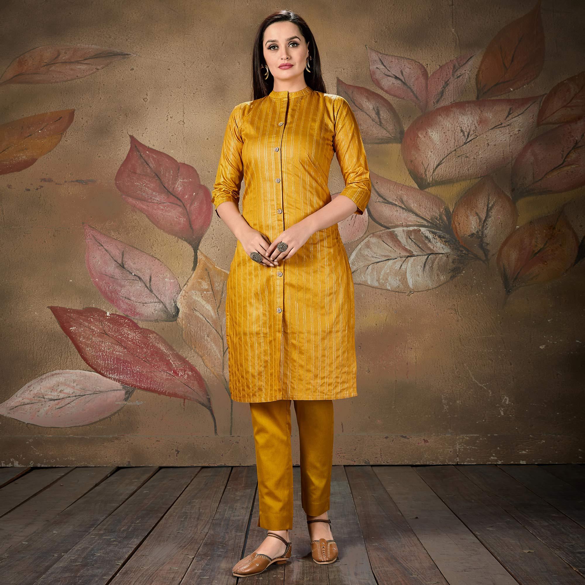 Majesty Lovely Mustard Yellow Colored Casual Wear Printed Cotton Kurti - Peachmode