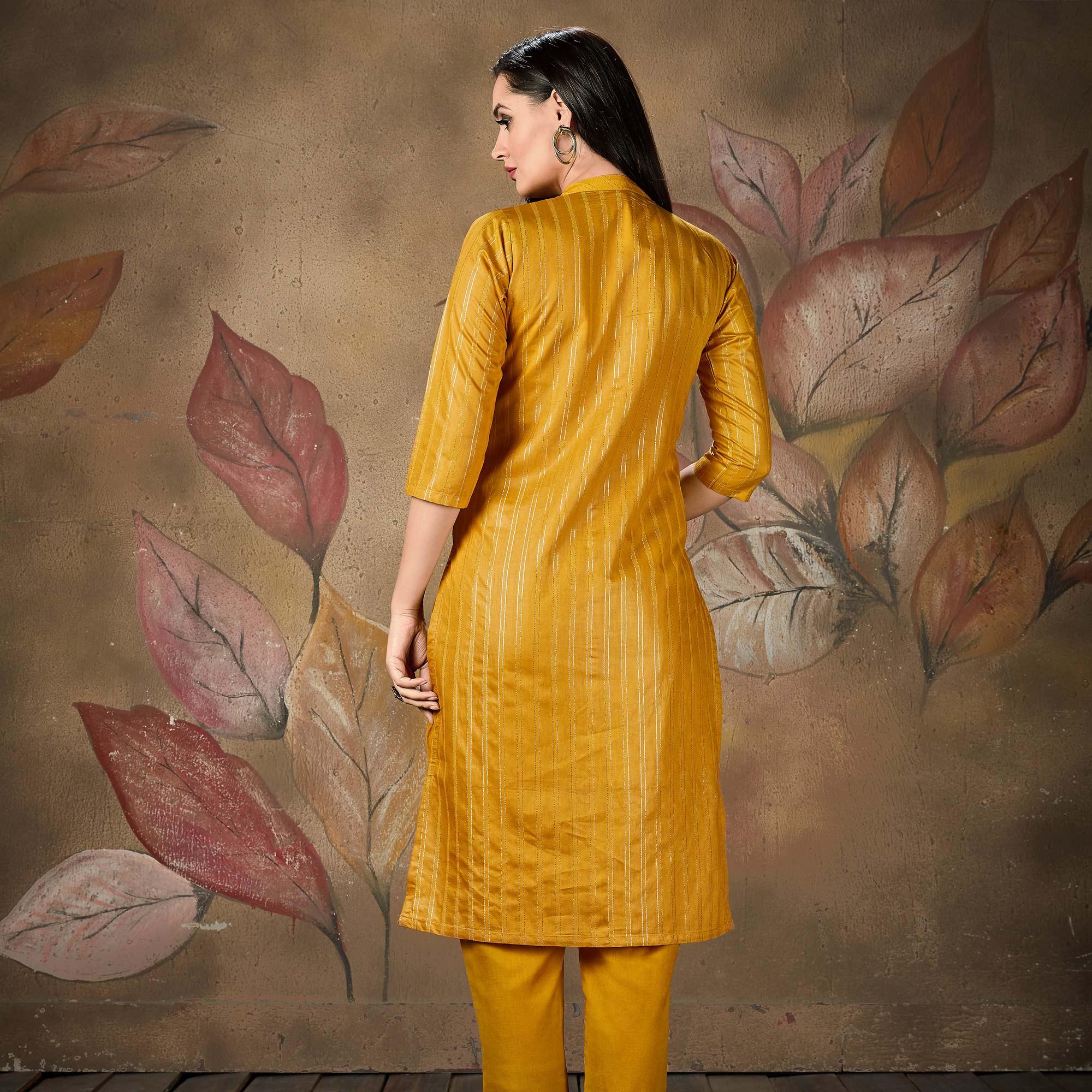 Majesty Lovely Mustard Yellow Colored Casual Wear Printed Cotton Kurti - Peachmode
