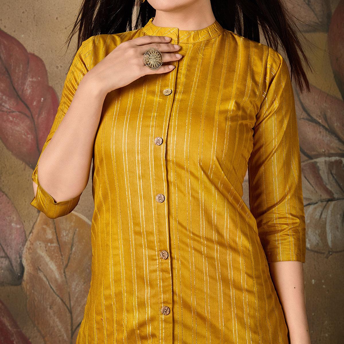 Majesty Lovely Mustard Yellow Colored Casual Wear Printed Cotton Kurti - Peachmode