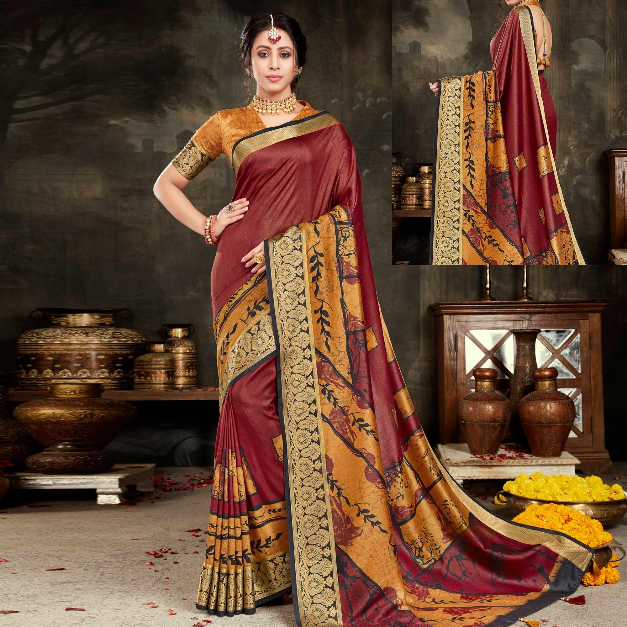 Majesty Maroon Colored Festive Wear Woven Silk Saree - Peachmode