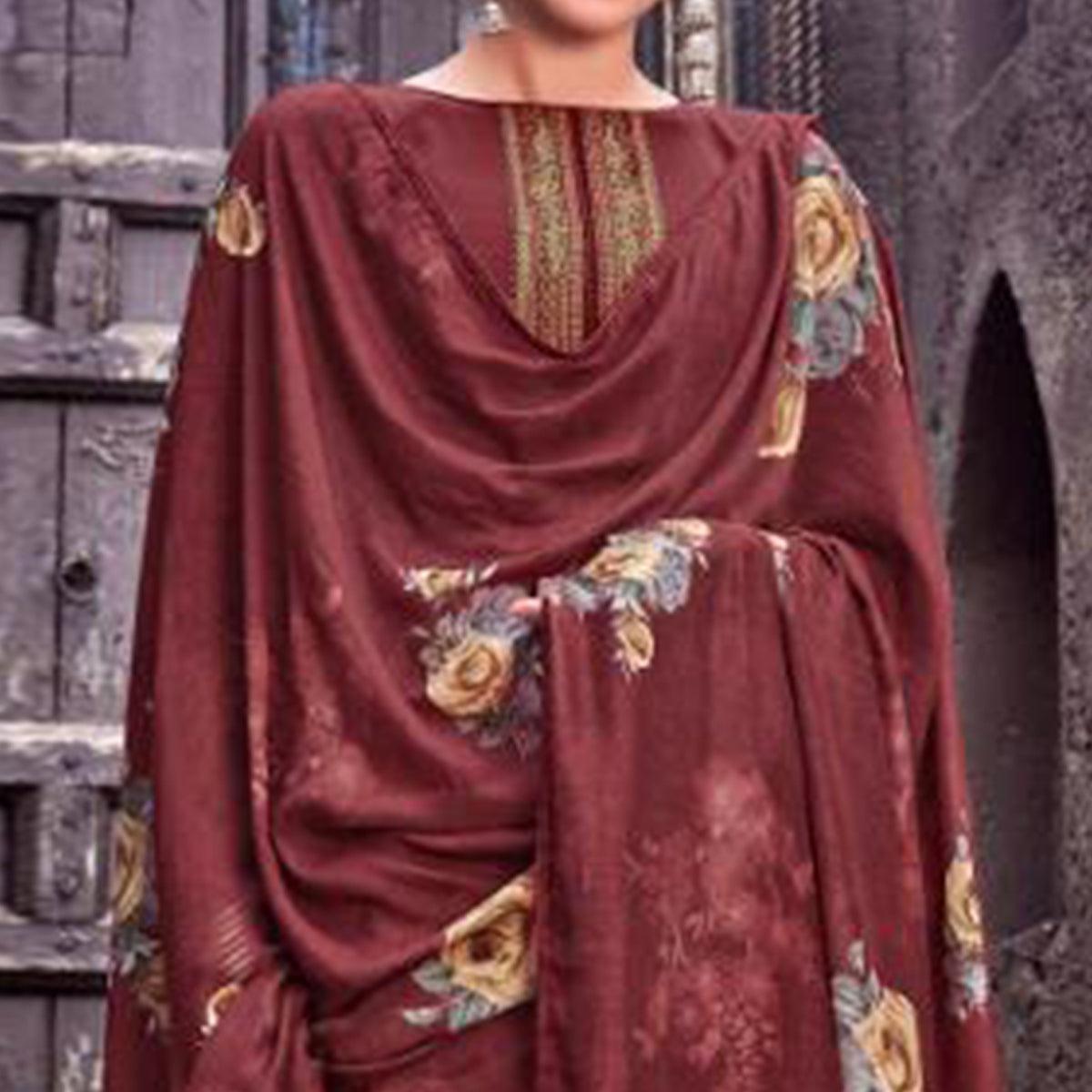 Majesty Maroon Colored Partywear Printed Viscose Muslin Suit - Peachmode
