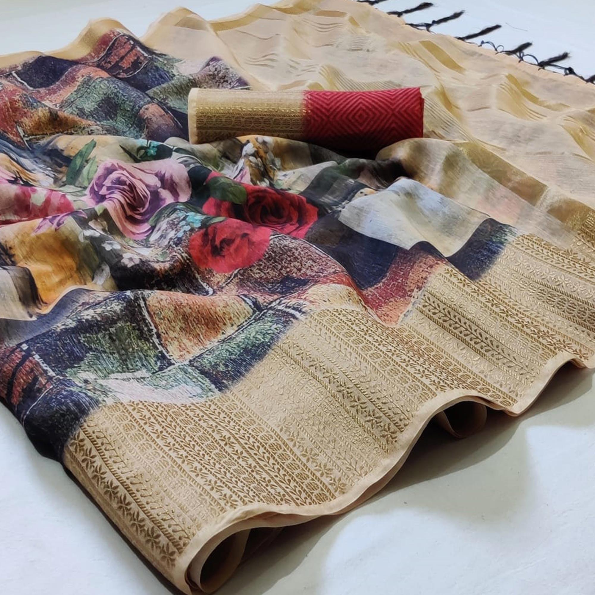 Majesty Multi Colored Festive Wear Woven Banarasi Silk Saree - Peachmode