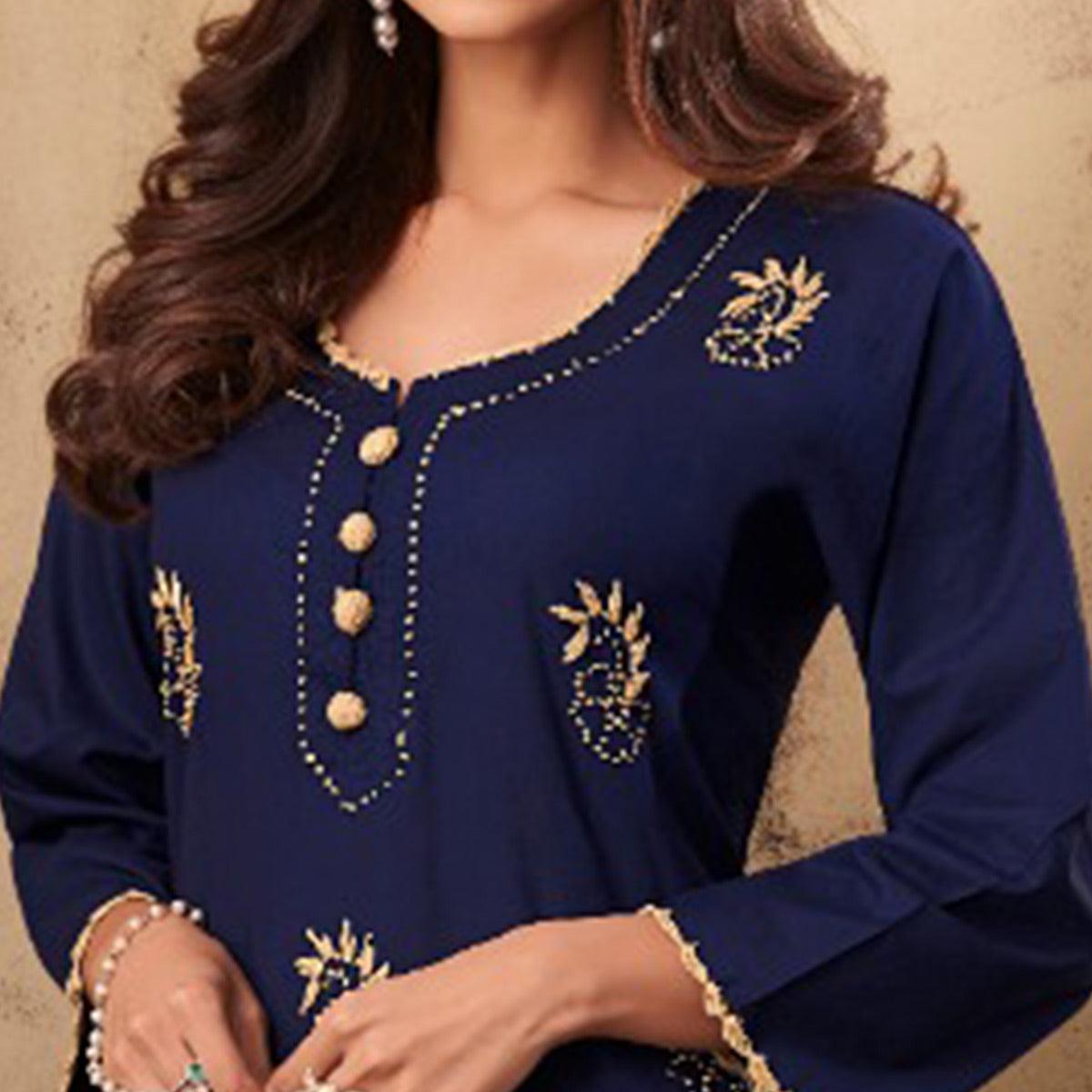 Majesty Navy Blue Colored Casual Wear Embroidered Rayon Kurti Palazzo Set - Peachmode