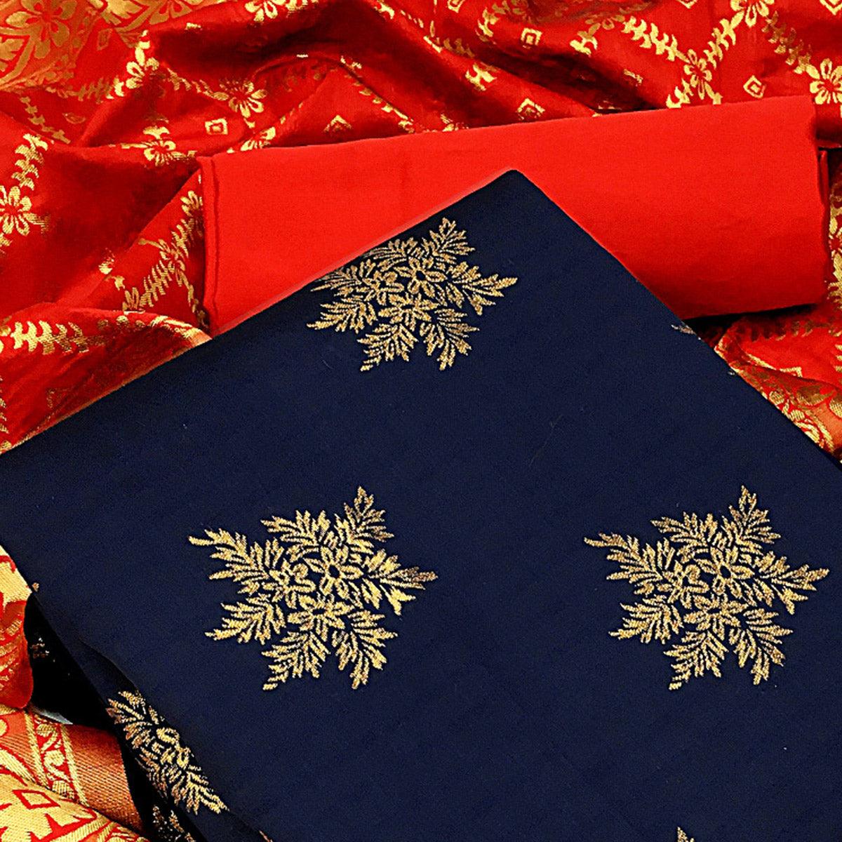 Majesty Navy Blue Colored Casual Wear Woven Banarasi Silk Dress Material - Peachmode