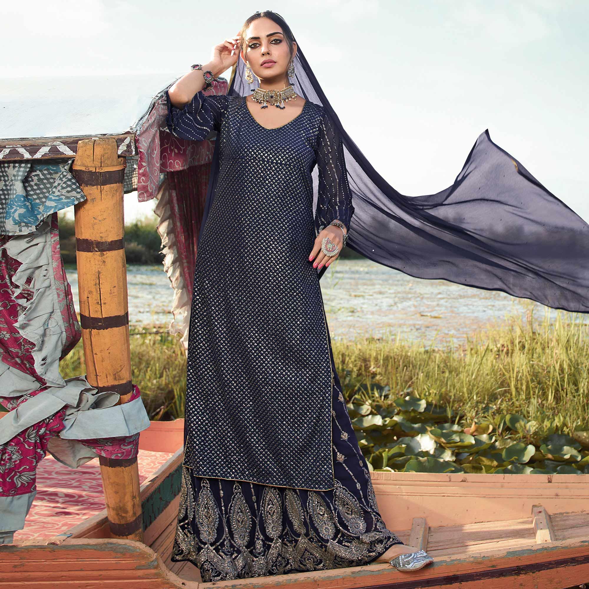 Majesty Navy Blue Colored Embroidered Partywear Heavy Georgette Suit - Peachmode