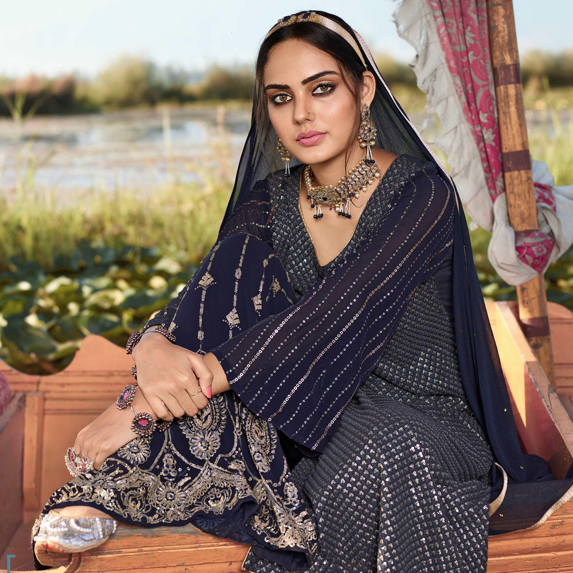 Majesty Navy Blue Colored Embroidered Partywear Heavy Georgette Suit - Peachmode