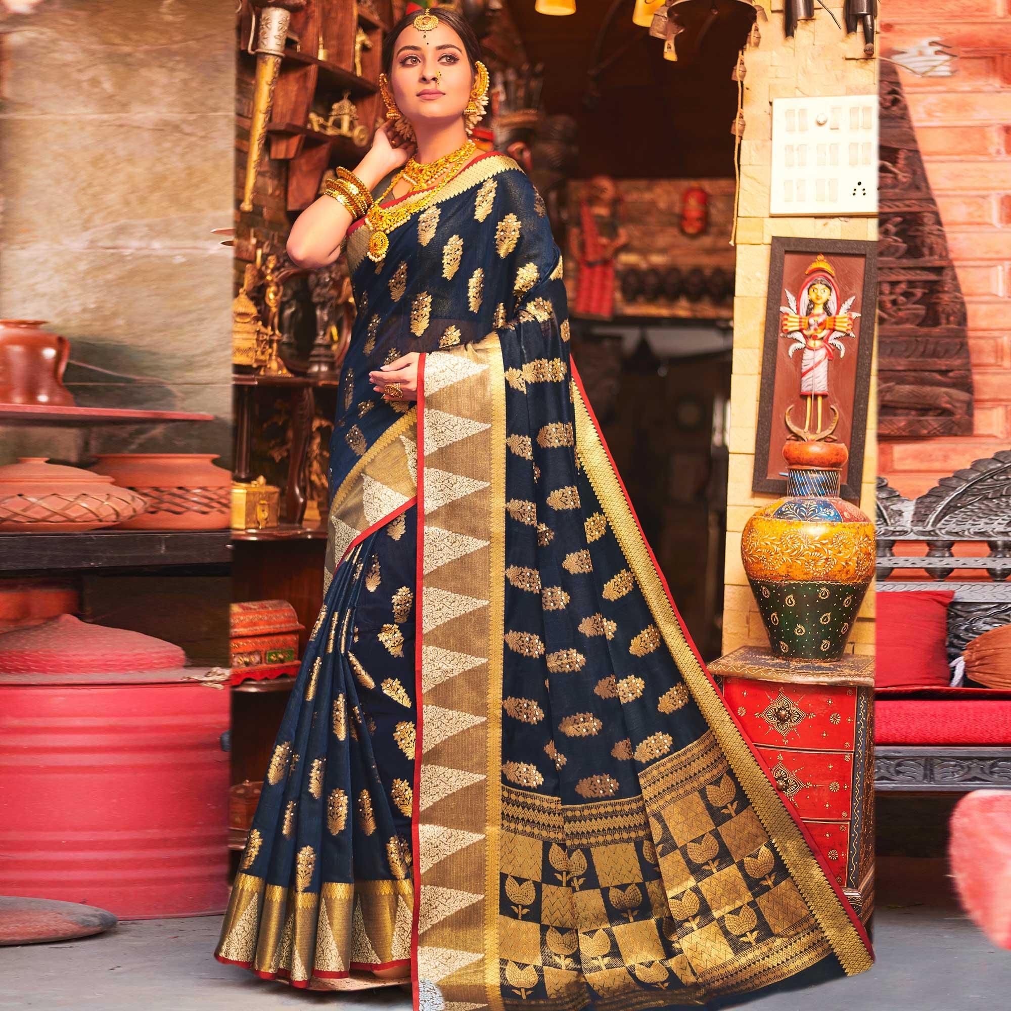 Majesty Navy Blue Colored Festive Wear Woven Cotton Handloom Saree - Peachmode