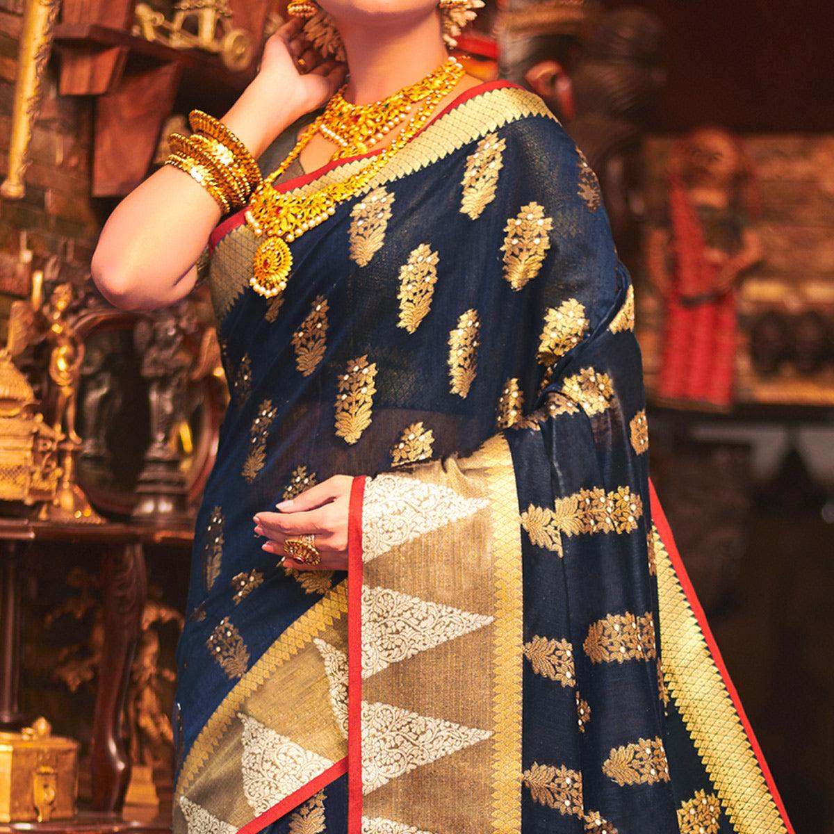 Majesty Navy Blue Colored Festive Wear Woven Cotton Handloom Saree - Peachmode