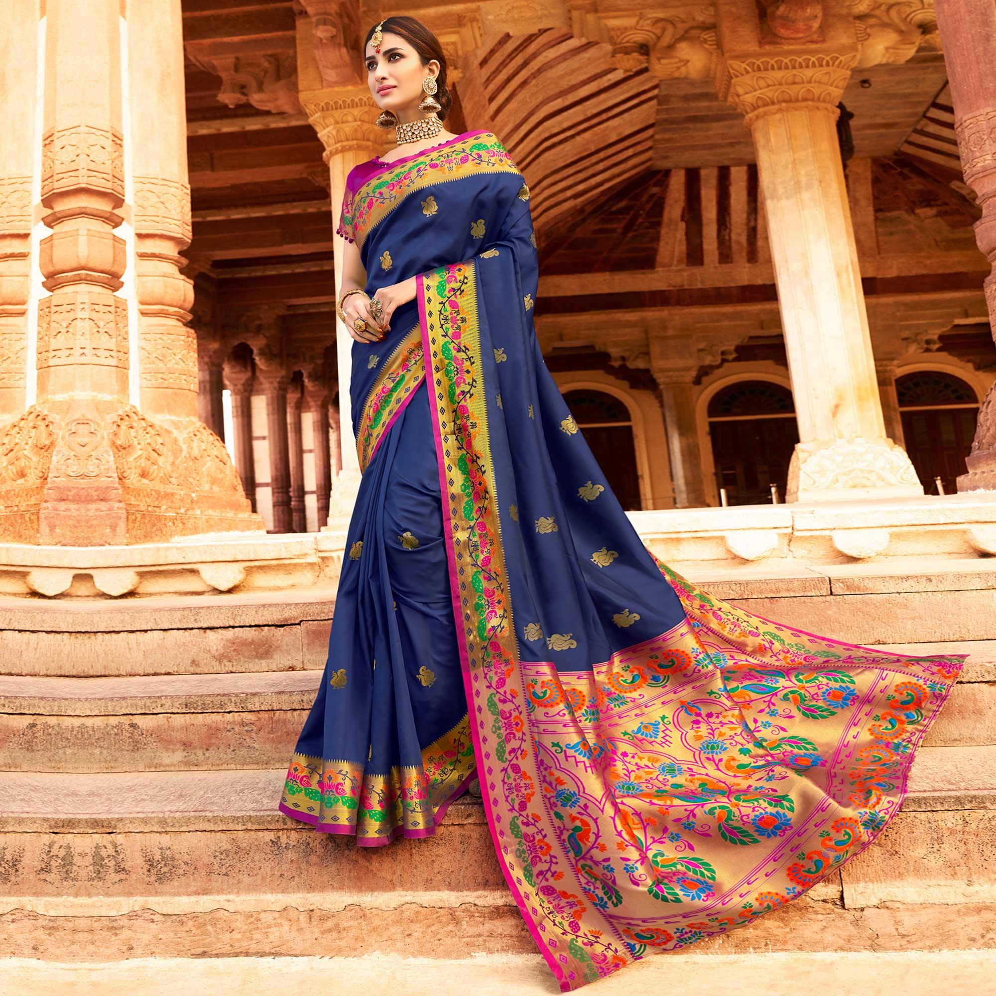 Majesty Navy Blue Colored Festive Wear Woven Paithani Silk Saree - Peachmode