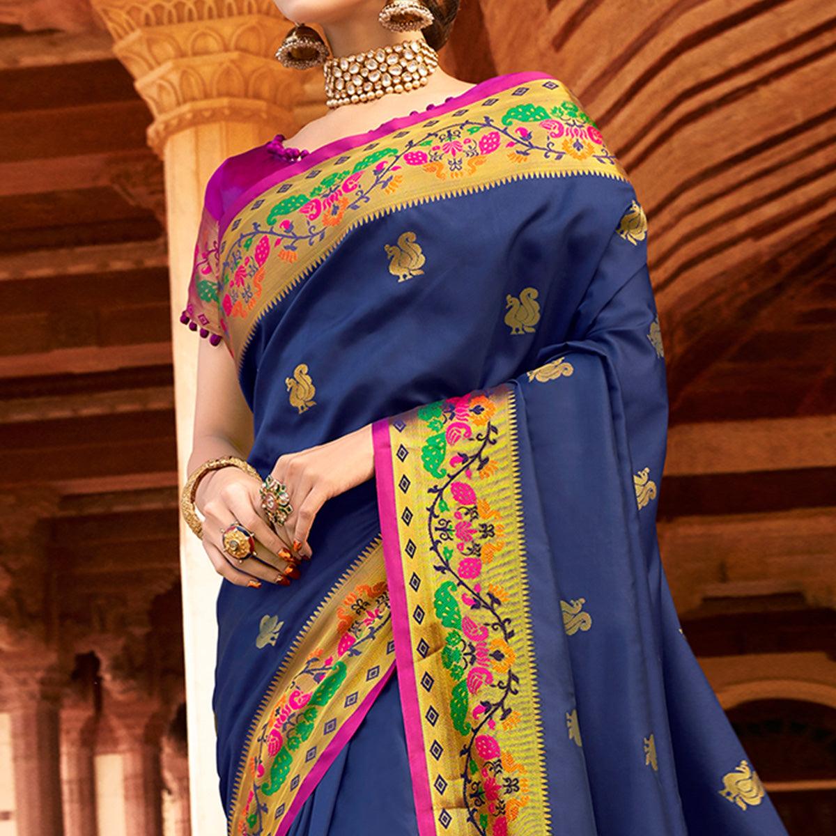Majesty Navy Blue Colored Festive Wear Woven Paithani Silk Saree - Peachmode