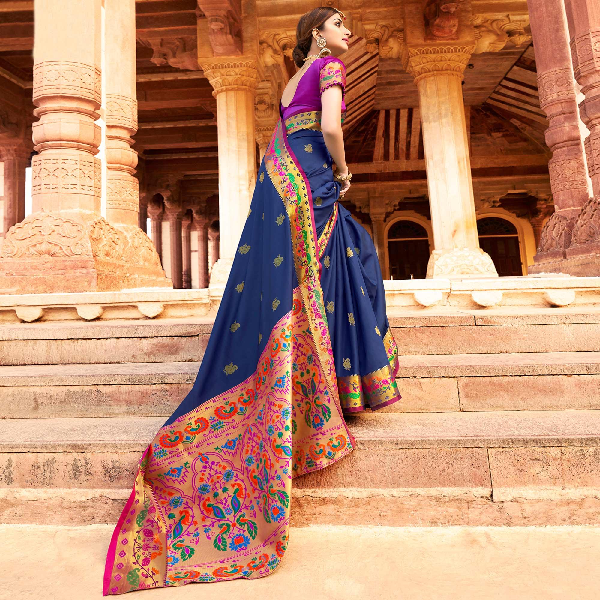 Majesty Navy Blue Colored Festive Wear Woven Paithani Silk Saree - Peachmode