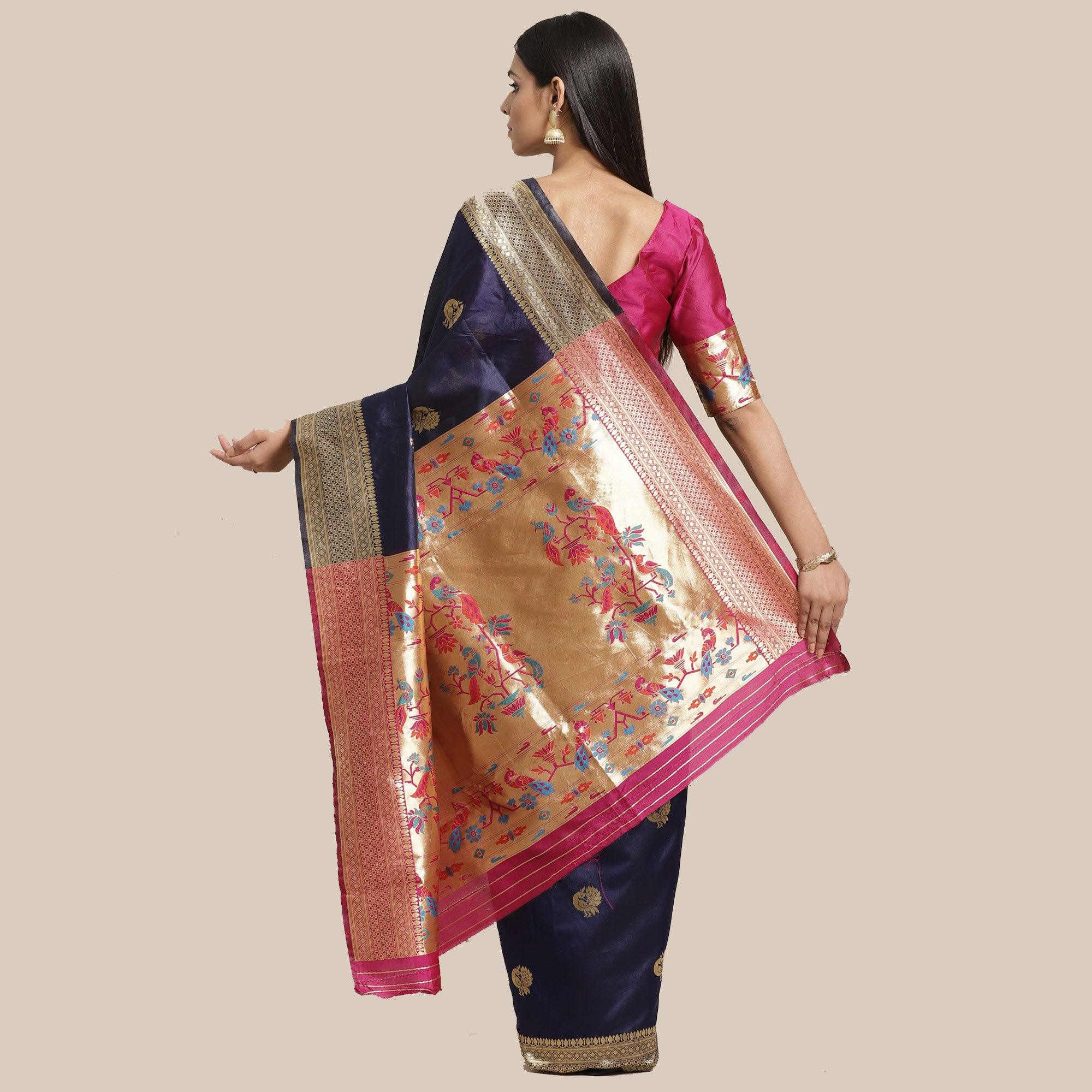 Majesty Navy Blue Colored Festive Wear Woven Silk Blend Saree - Peachmode