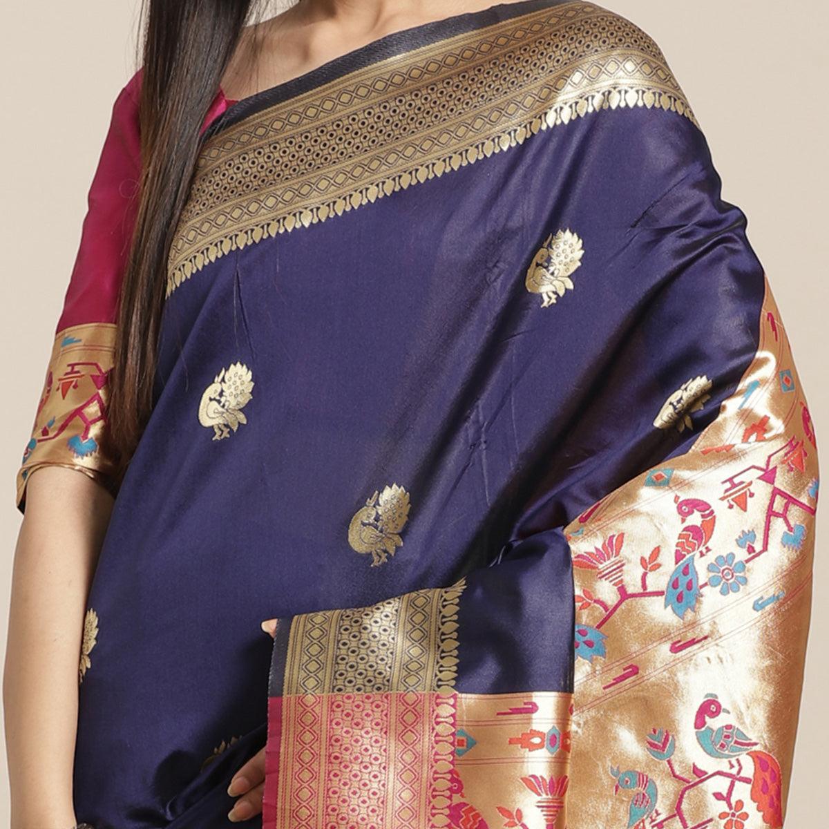 Majesty Navy Blue Colored Festive Wear Woven Silk Blend Saree - Peachmode