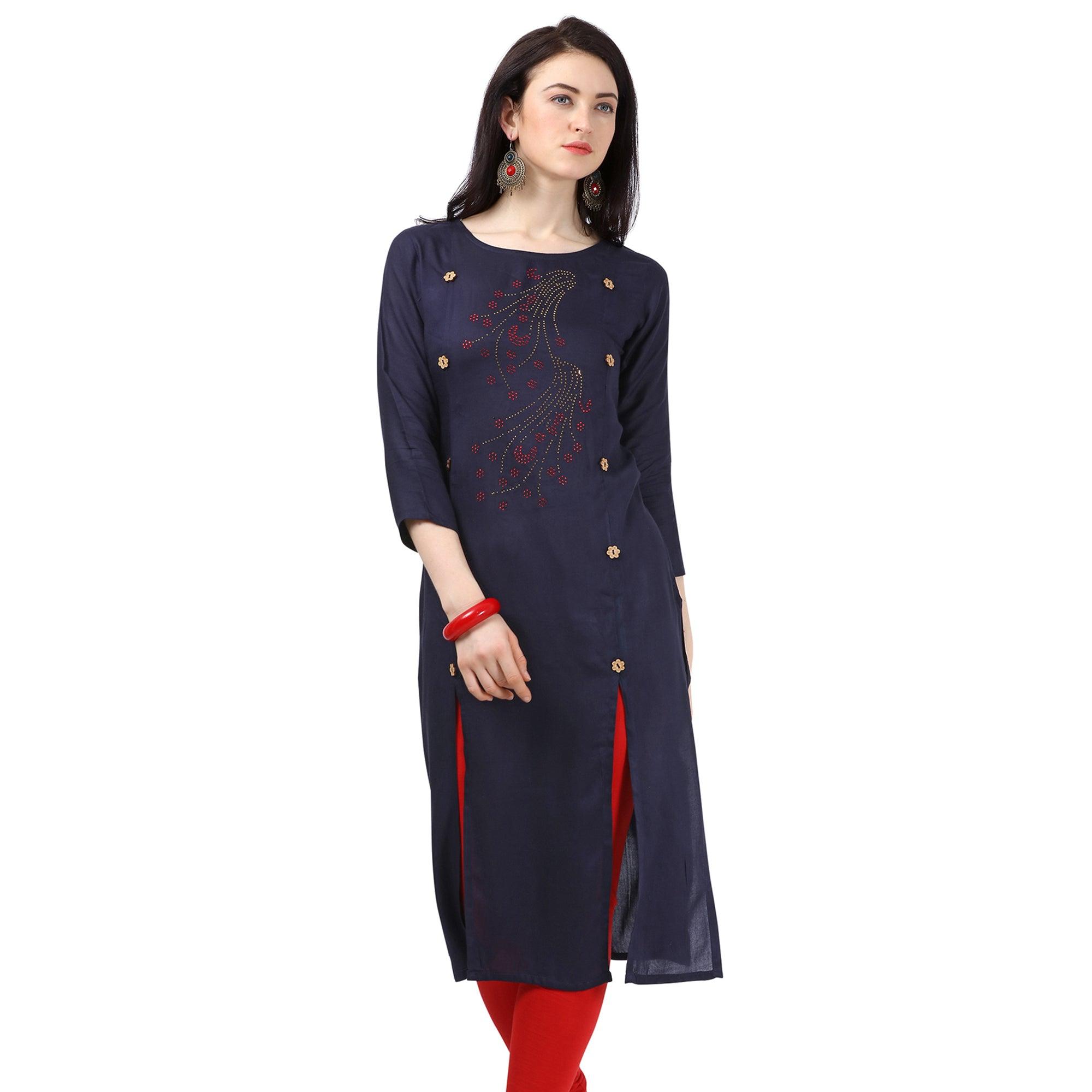 Majesty Navy Blue Colored Partywear Embellished Rayon Kurti - Peachmode