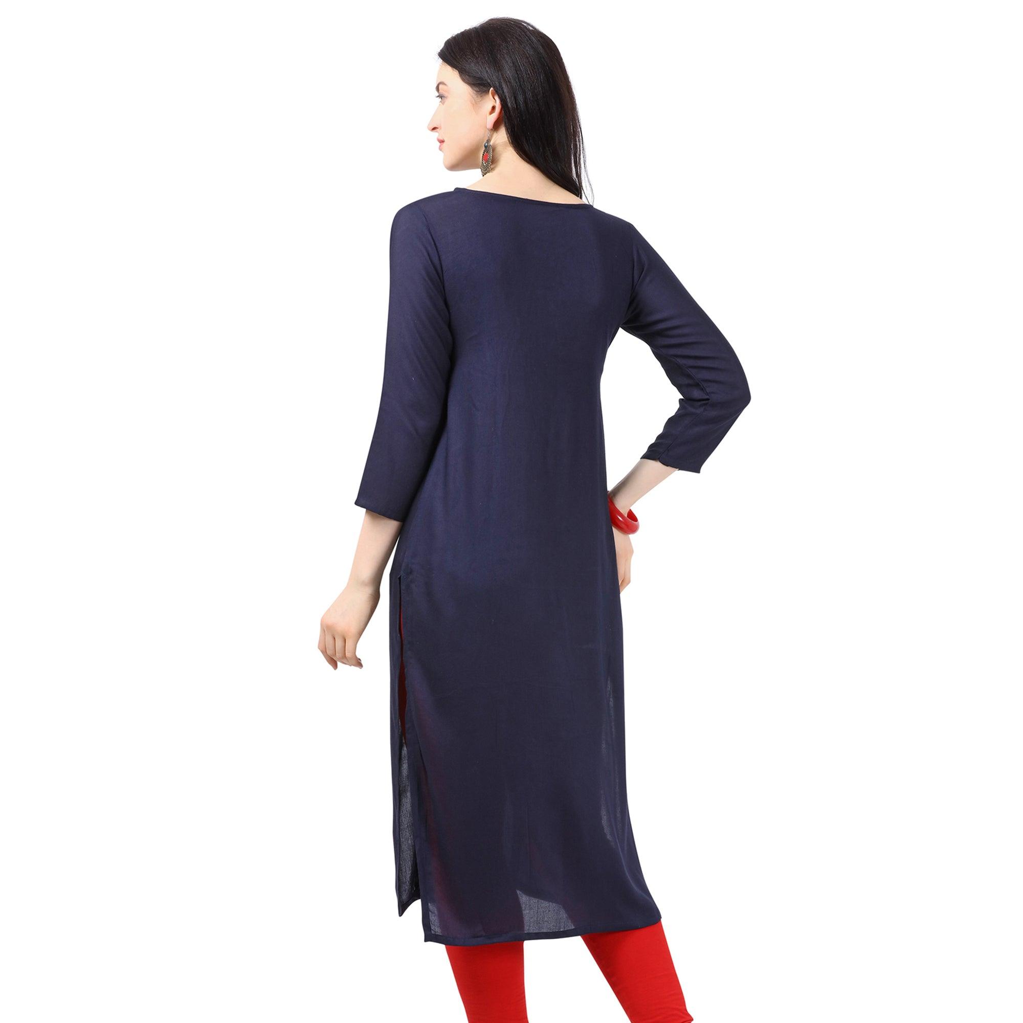 Majesty Navy Blue Colored Partywear Embellished Rayon Kurti - Peachmode