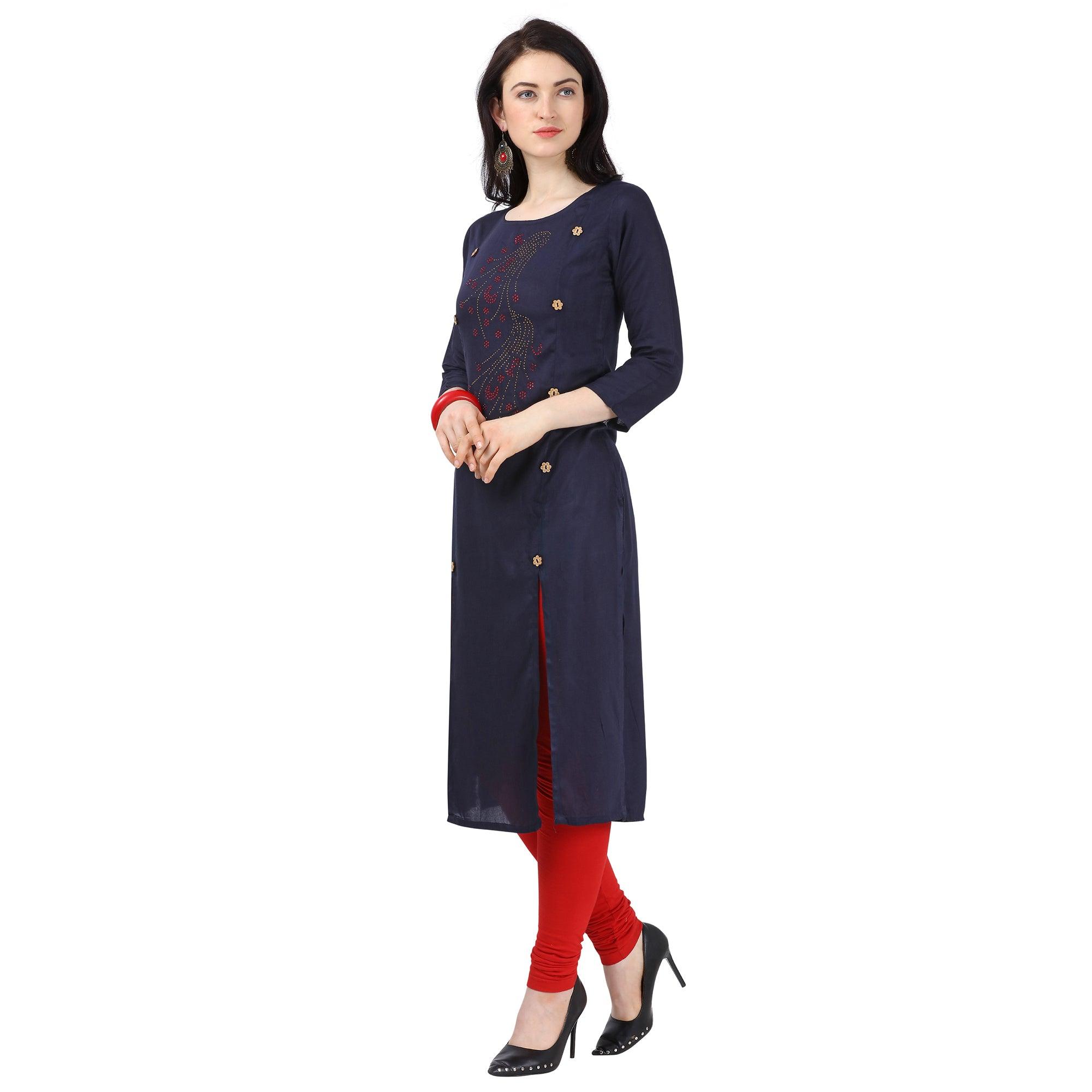 Majesty Navy Blue Colored Partywear Embellished Rayon Kurti - Peachmode