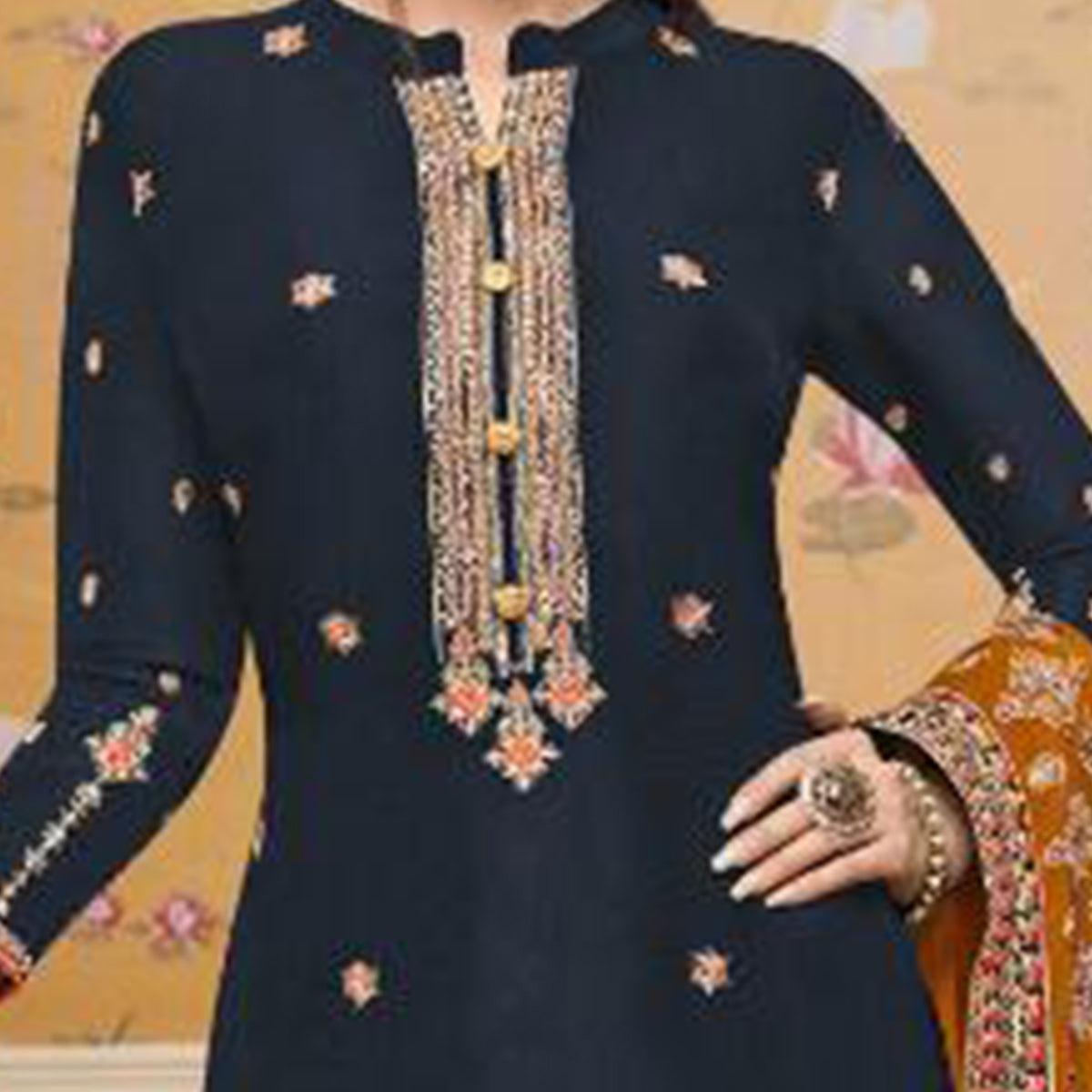 Majesty Navy Blue Colored Partywear Embroidered Crepe Palazzo Suit - Peachmode