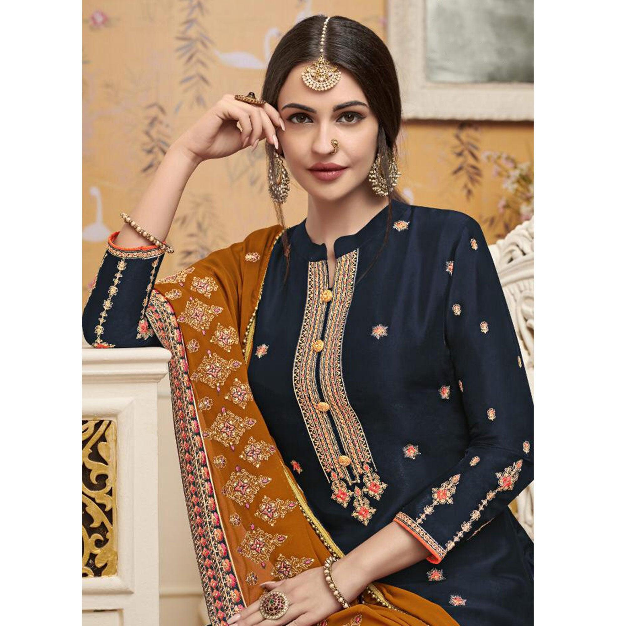 Majesty Navy Blue Colored Partywear Embroidered Crepe Palazzo Suit - Peachmode