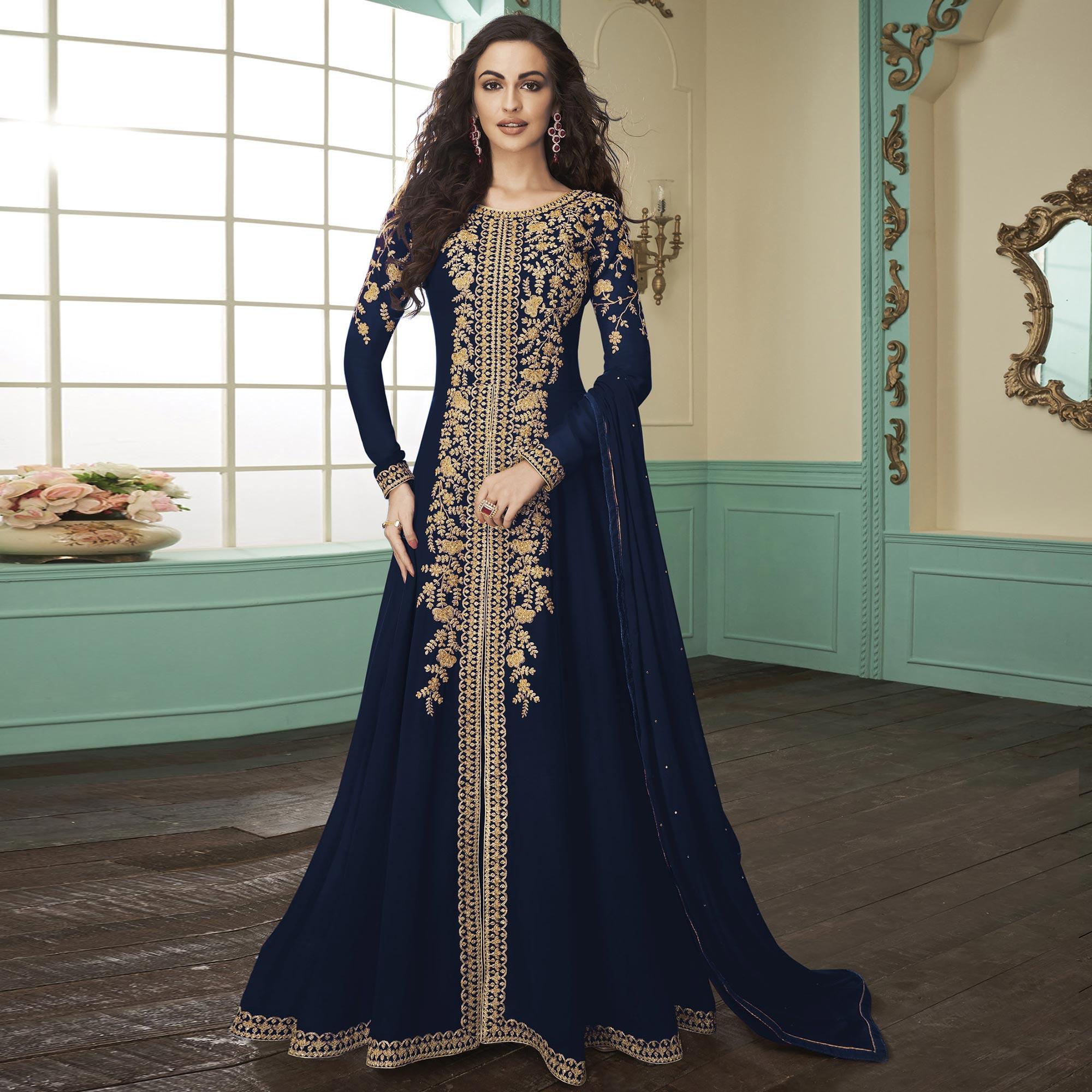 Majesty Navy Blue Colored Partywear Embroidered Georgette Anarkali Suit - Peachmode