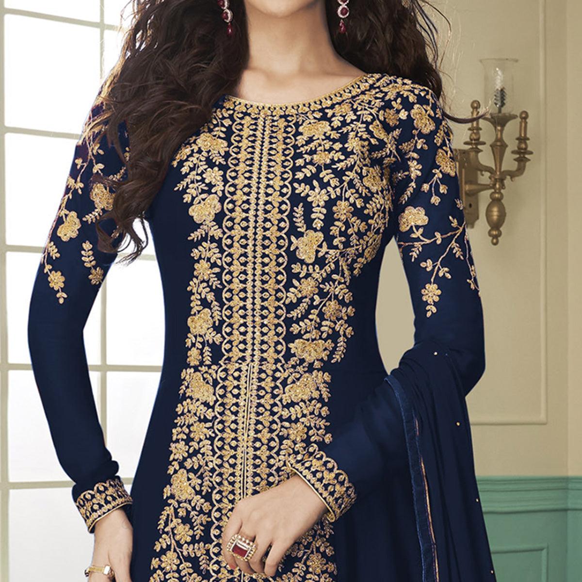 Majesty Navy Blue Colored Partywear Embroidered Georgette Anarkali Suit - Peachmode