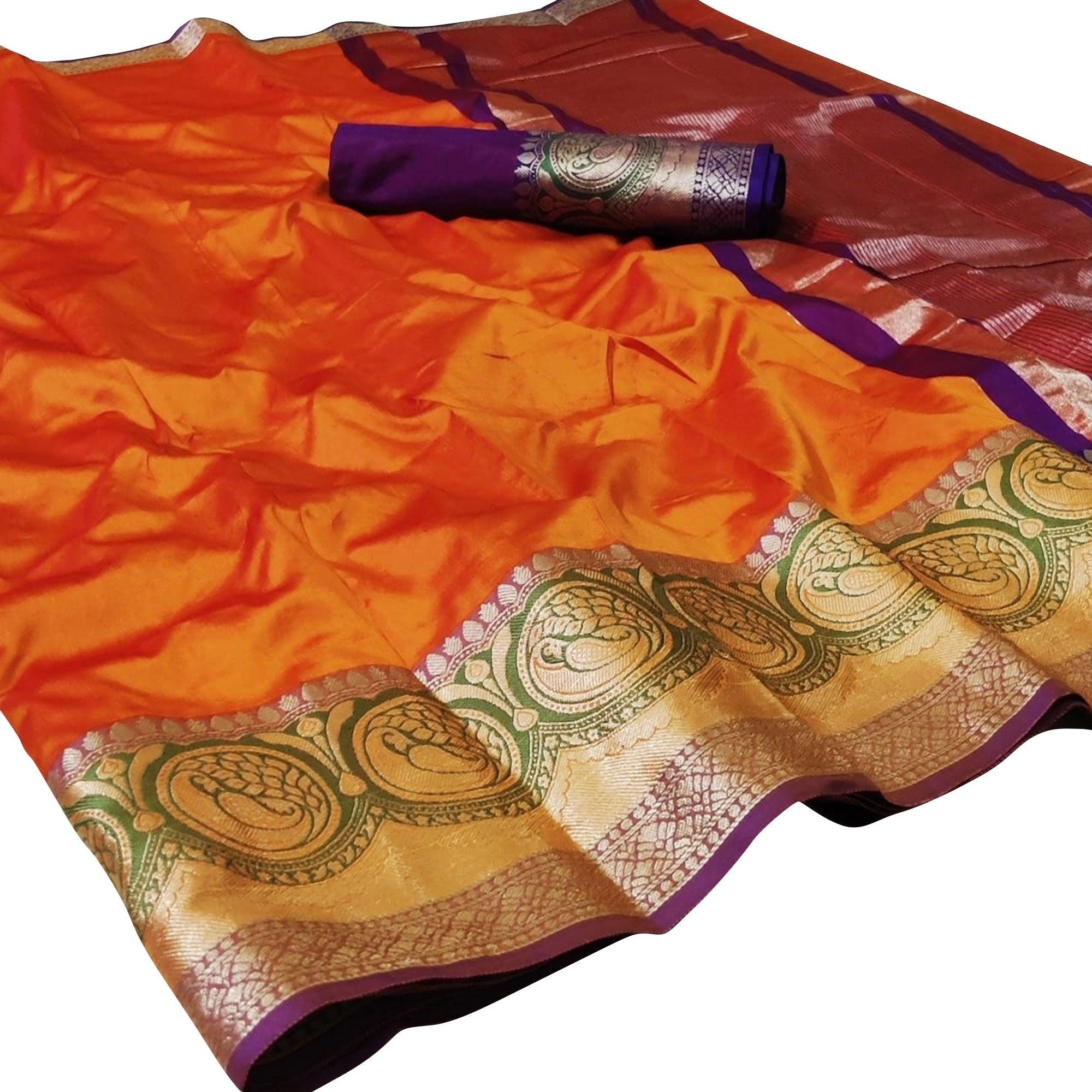 Majesty Orange Colored Festive Wear Woven Silk Saree - Peachmode