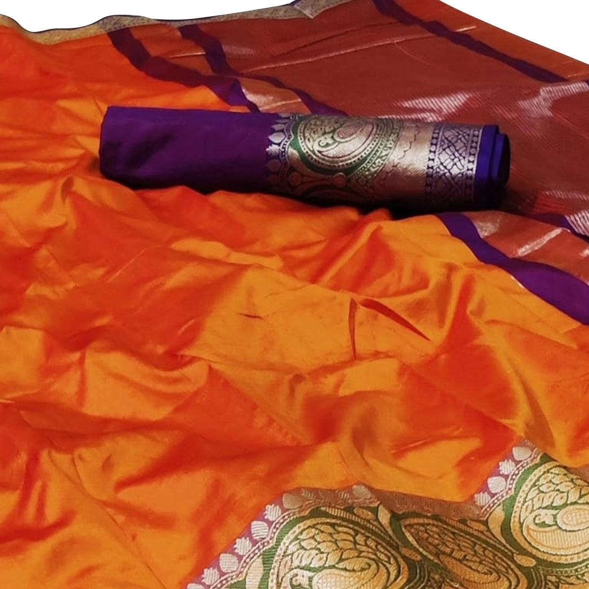 Majesty Orange Colored Festive Wear Woven Silk Saree - Peachmode