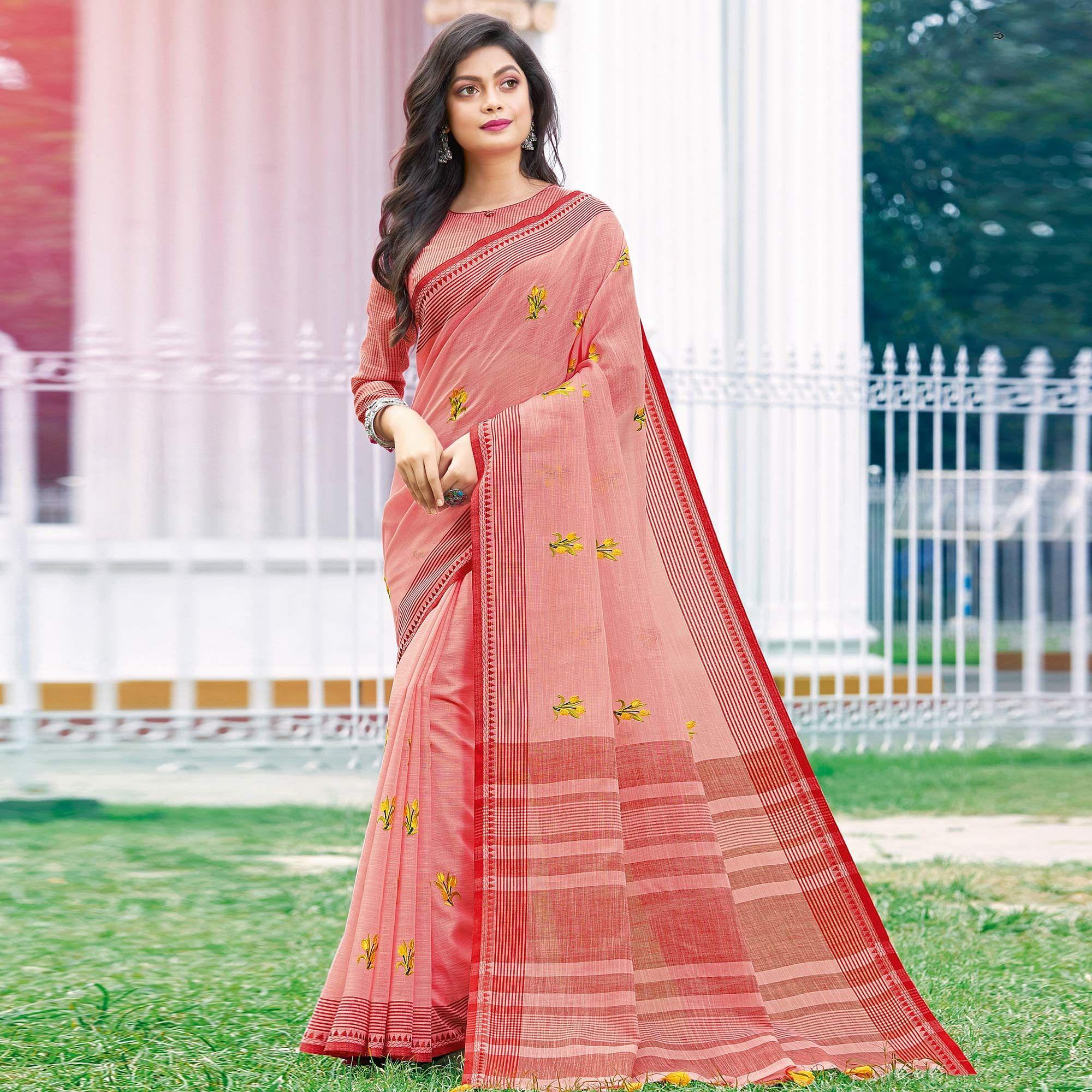 Majesty Peach Colored Casual Wear Printed Linen Cotton Saree - Peachmode