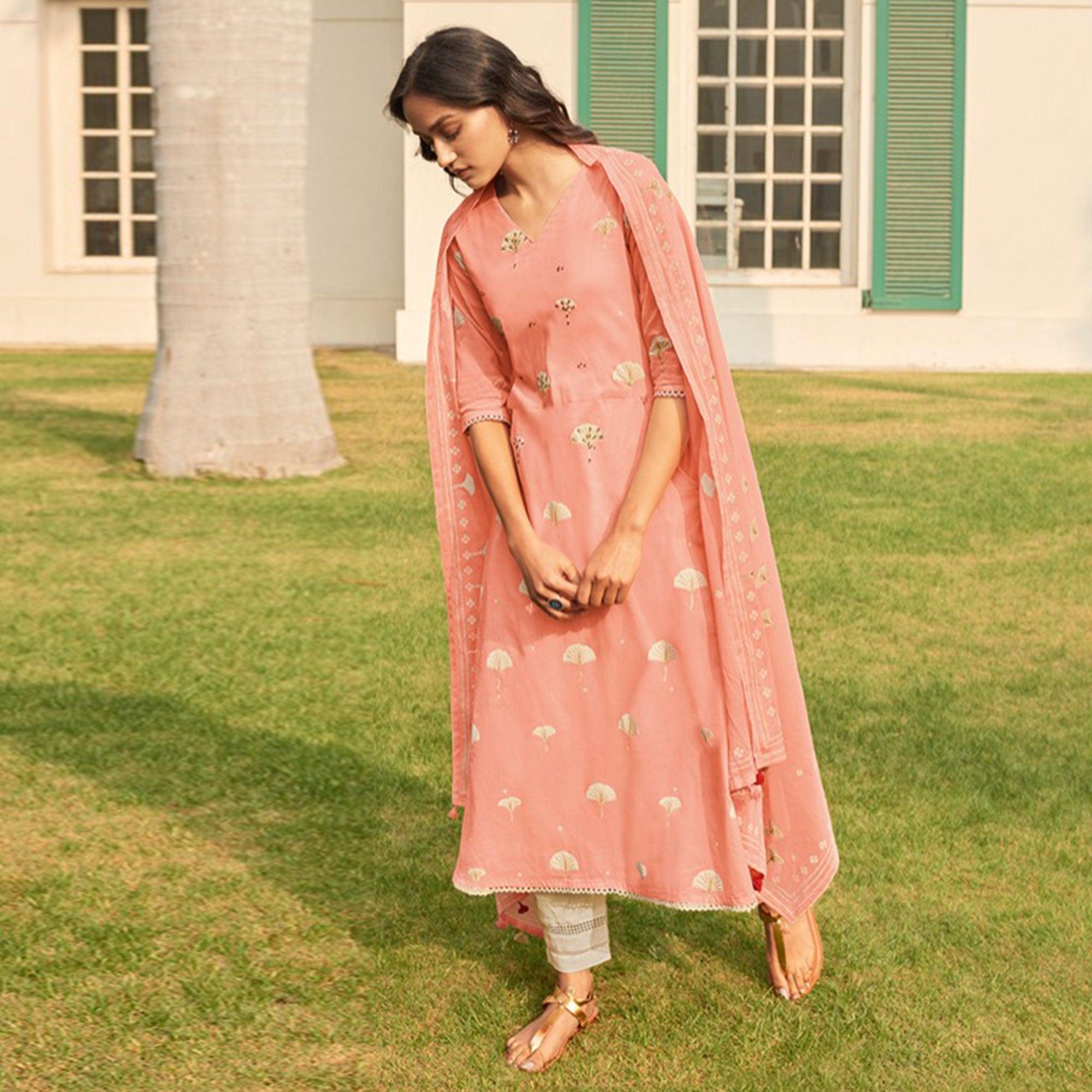 Majesty Peach Colored Casual Wear Printed Pure Cotton Suit - Peachmode