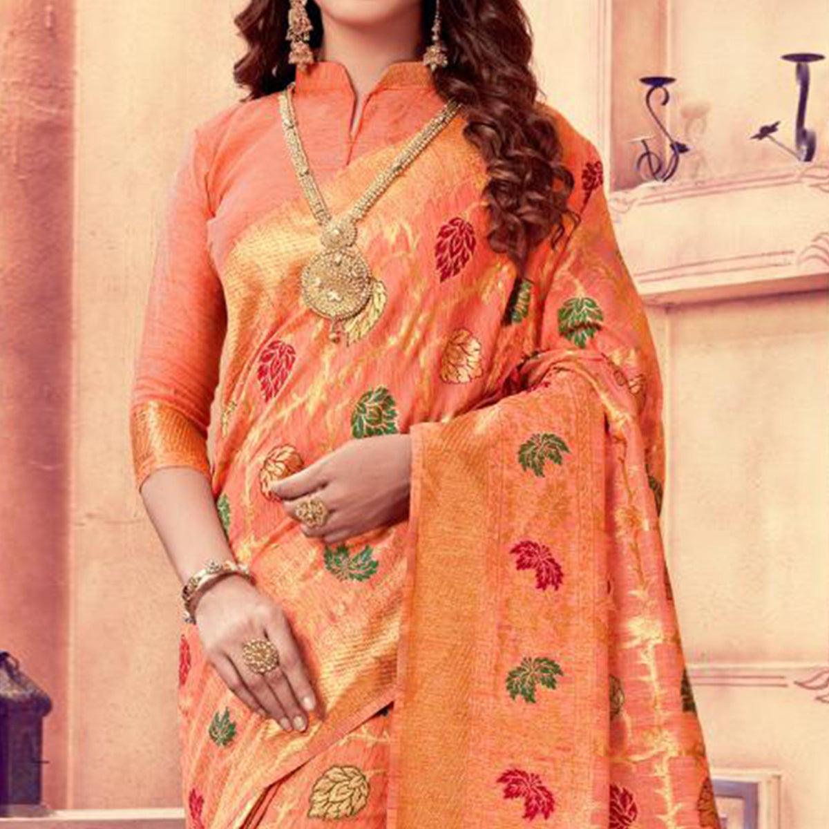 Majesty Peach Colored Festive Wear Woven Cotton Silk Saree - Peachmode