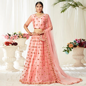 Majesty Peach Colored Wedding Wear Embroidered Heavy Net Lehenga Choli - Peachmode
