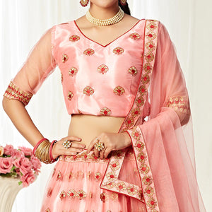 Majesty Peach Colored Wedding Wear Embroidered Heavy Net Lehenga Choli - Peachmode