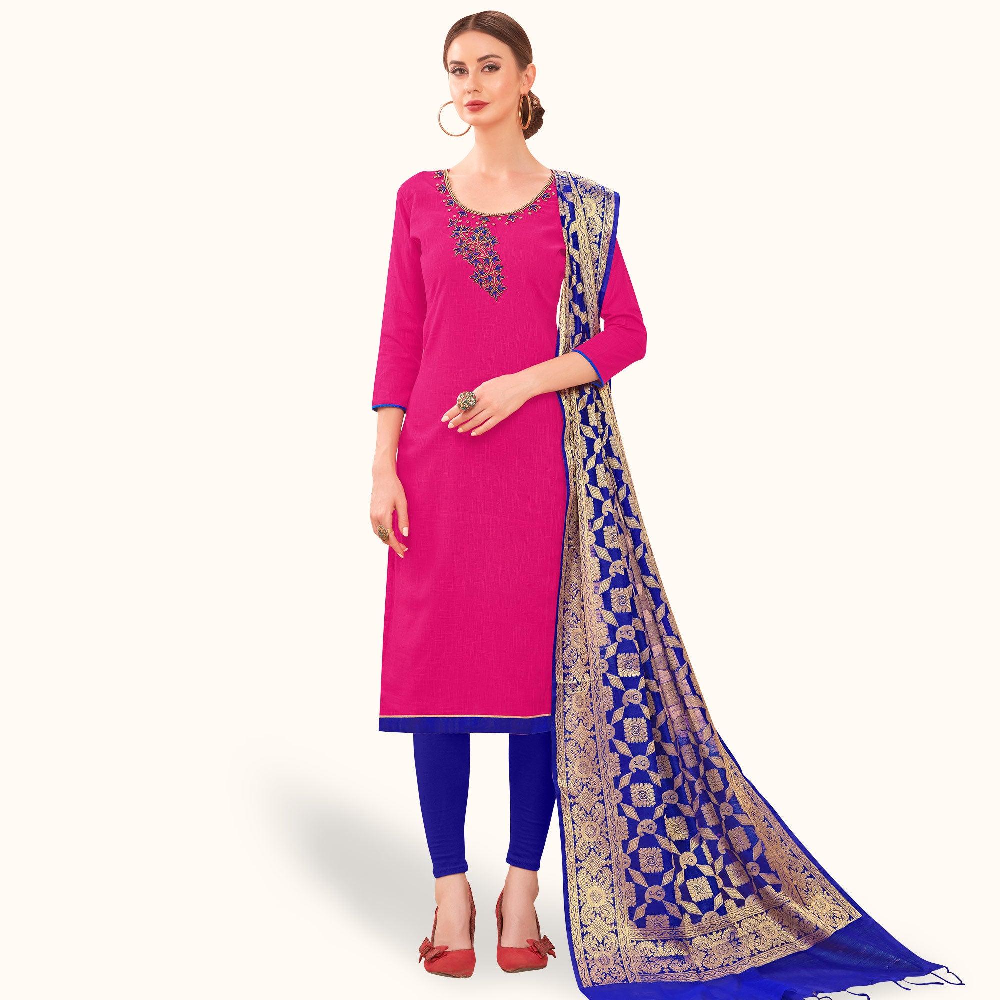 Majesty Pink Colored Casual Wear Embroidered Cotton Dress Material With Banarasi Silk Dupatta - Peachmode