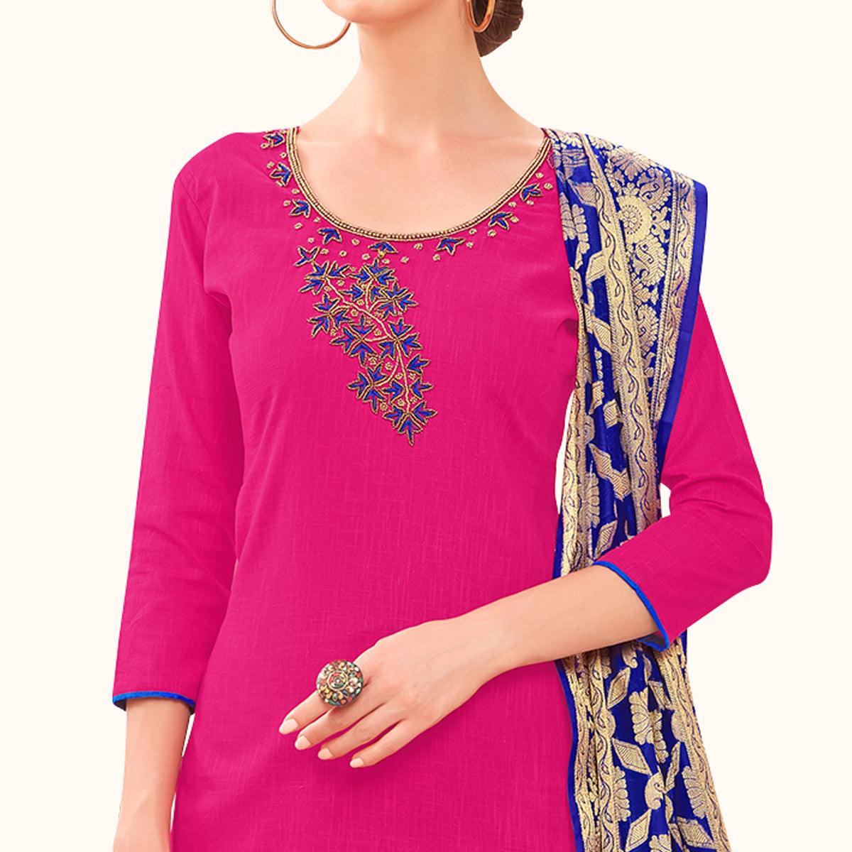 Majesty Pink Colored Casual Wear Embroidered Cotton Dress Material With Banarasi Silk Dupatta - Peachmode