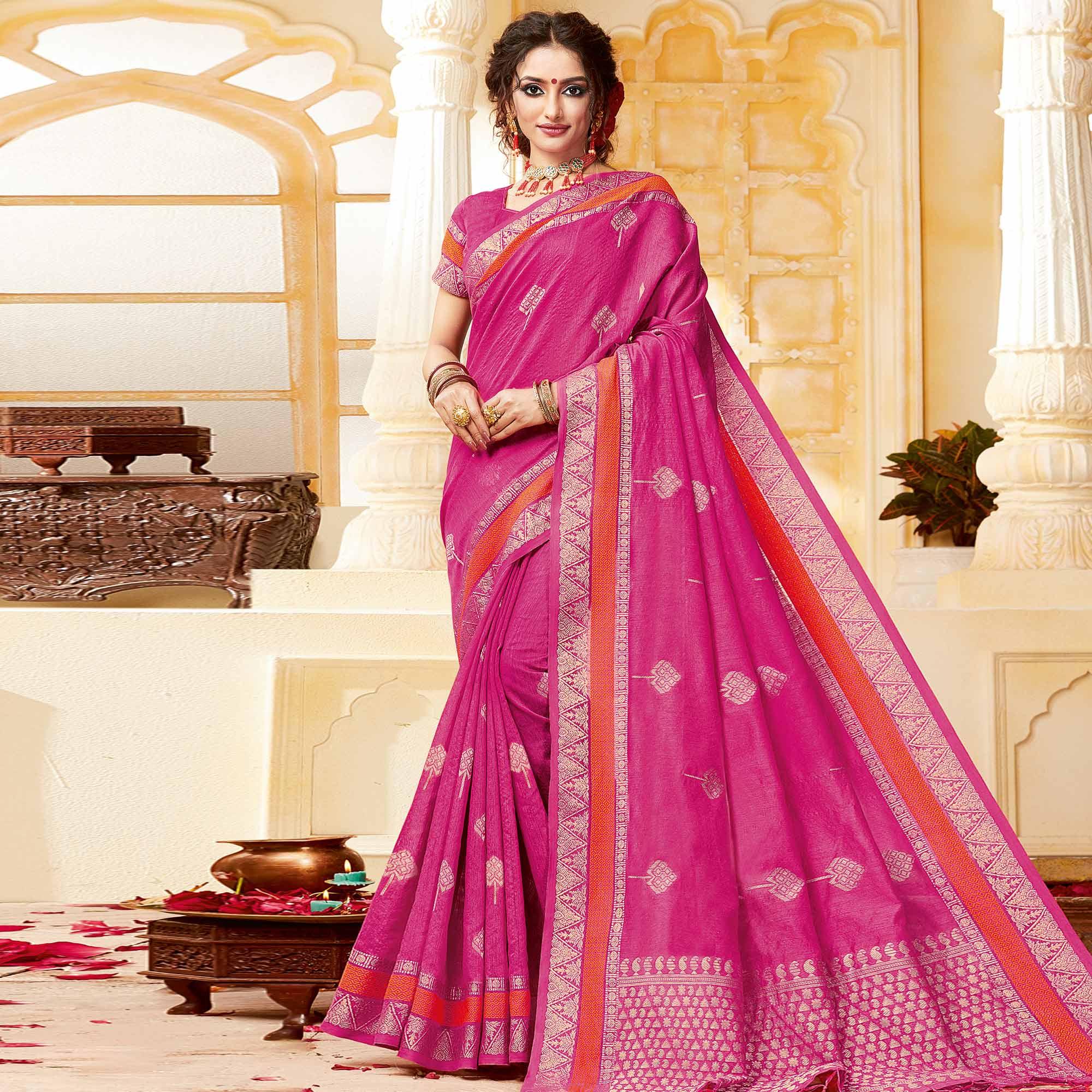 Majesty Pink Colored Festive Wear Woven Cotton Handloom Saree - Peachmode