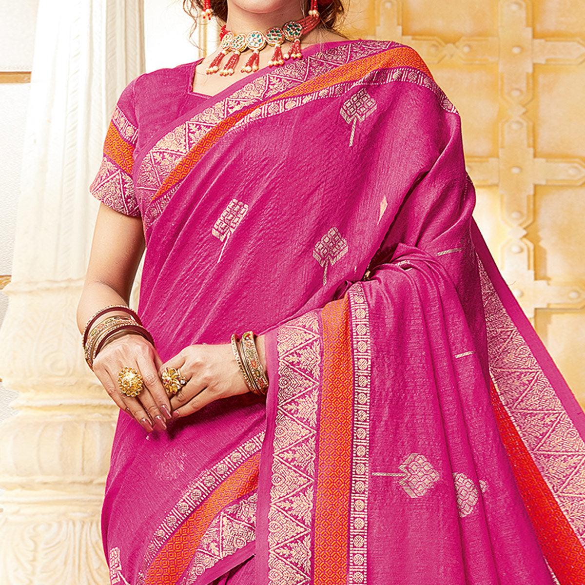Majesty Pink Colored Festive Wear Woven Cotton Handloom Saree - Peachmode