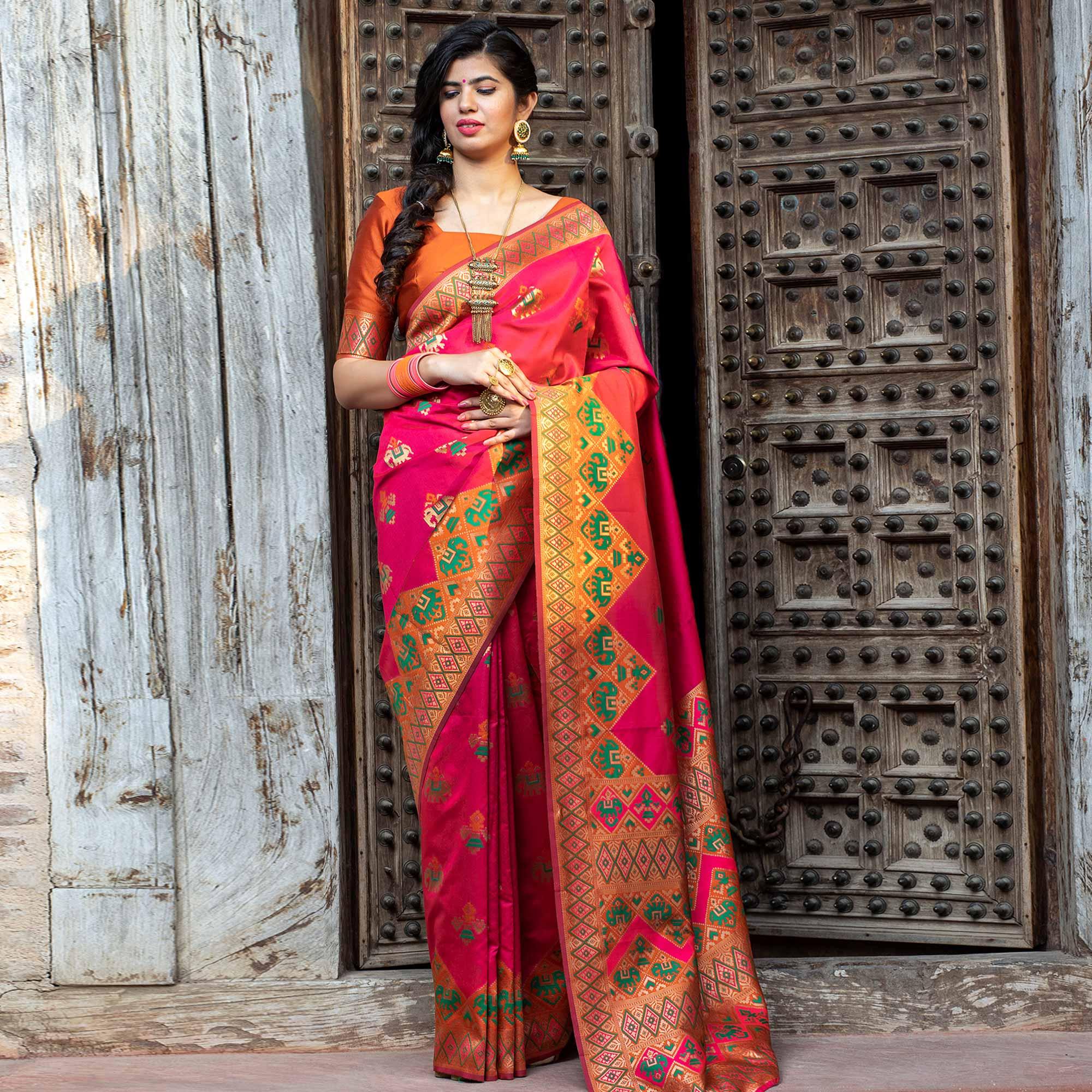 Majesty Pink Colored Festive Wear Woven Patola Silk Saree - Peachmode