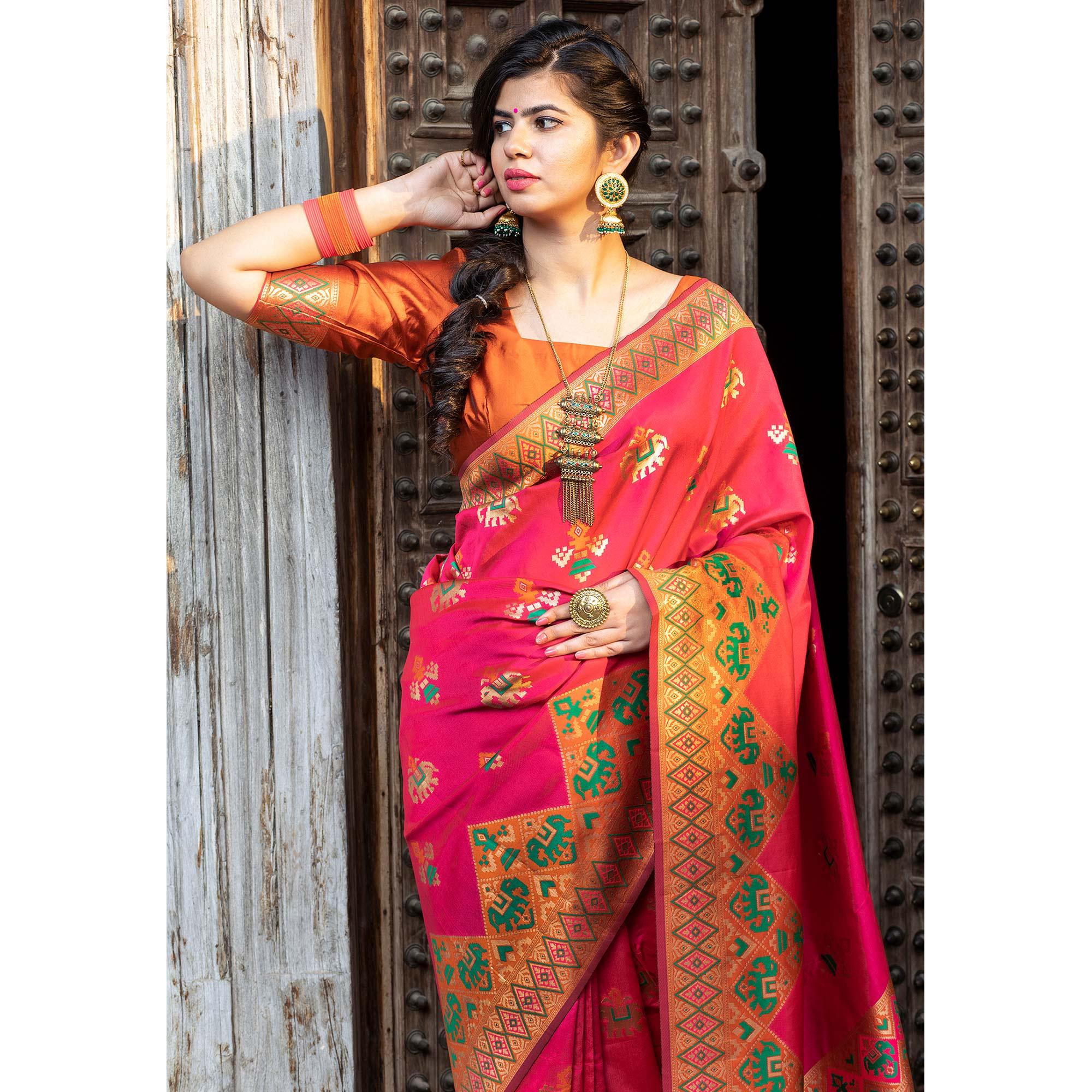 Majesty Pink Colored Festive Wear Woven Patola Silk Saree - Peachmode