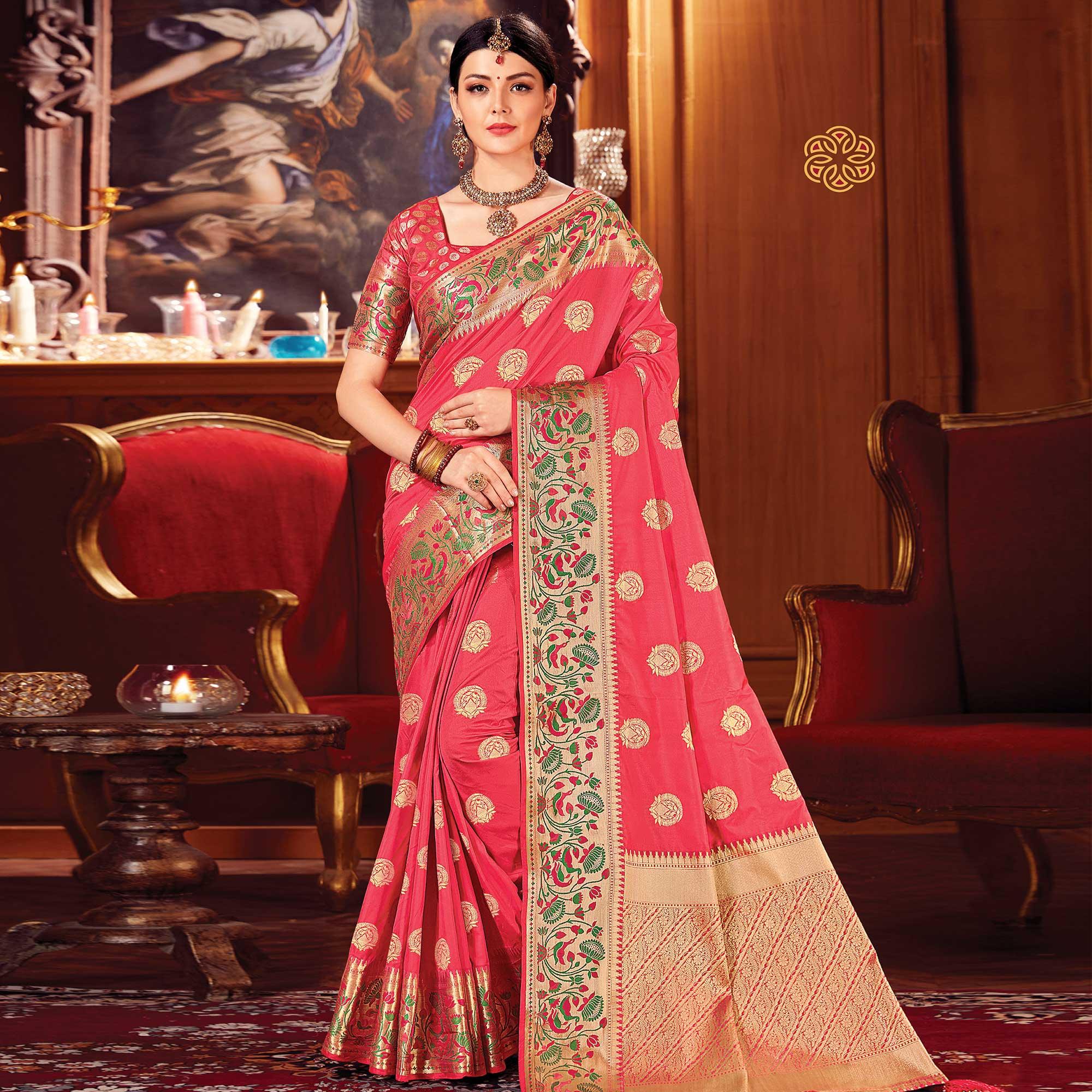 Majesty Pink Colored Festive Wear Woven Silk Saree - Peachmode