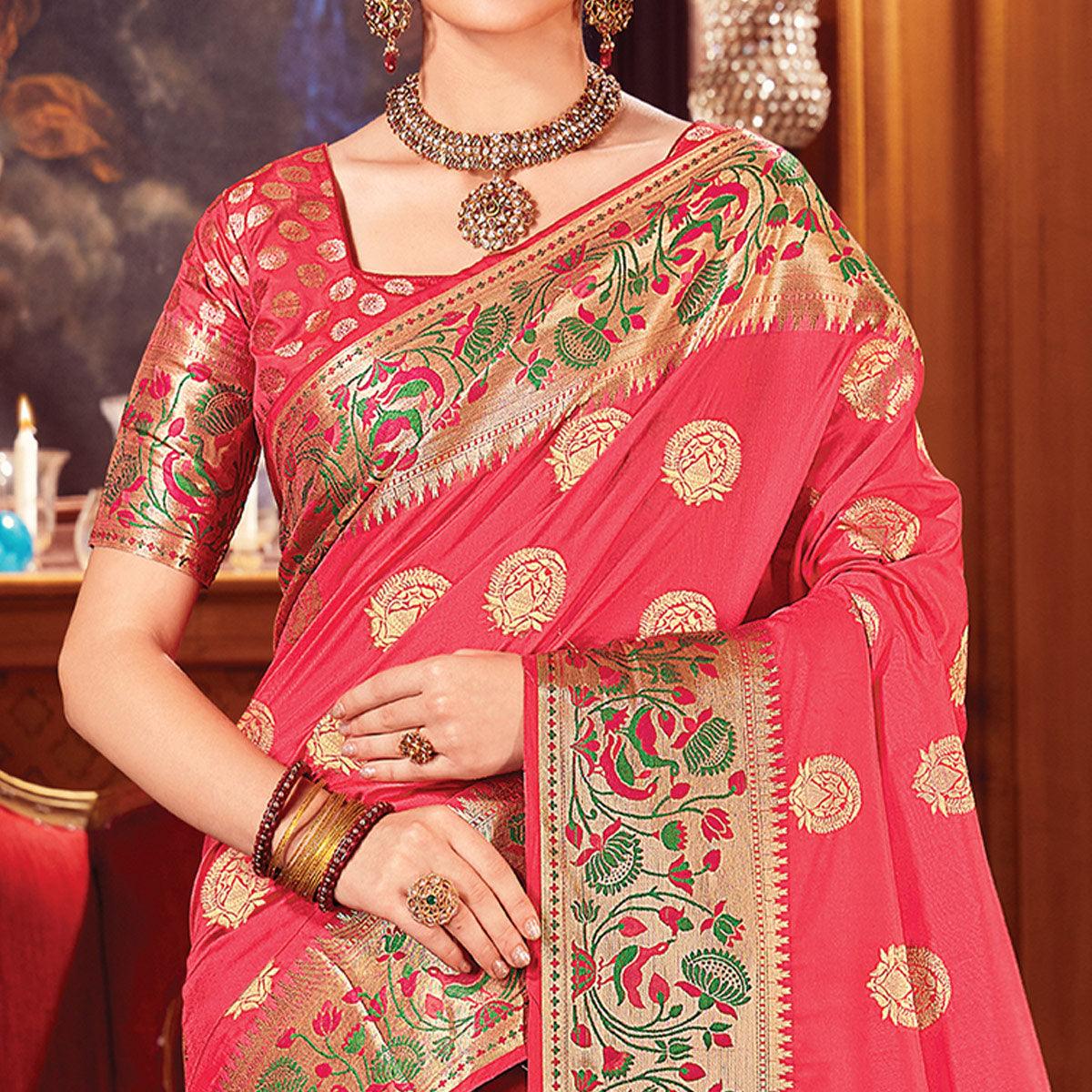 Majesty Pink Colored Festive Wear Woven Silk Saree - Peachmode
