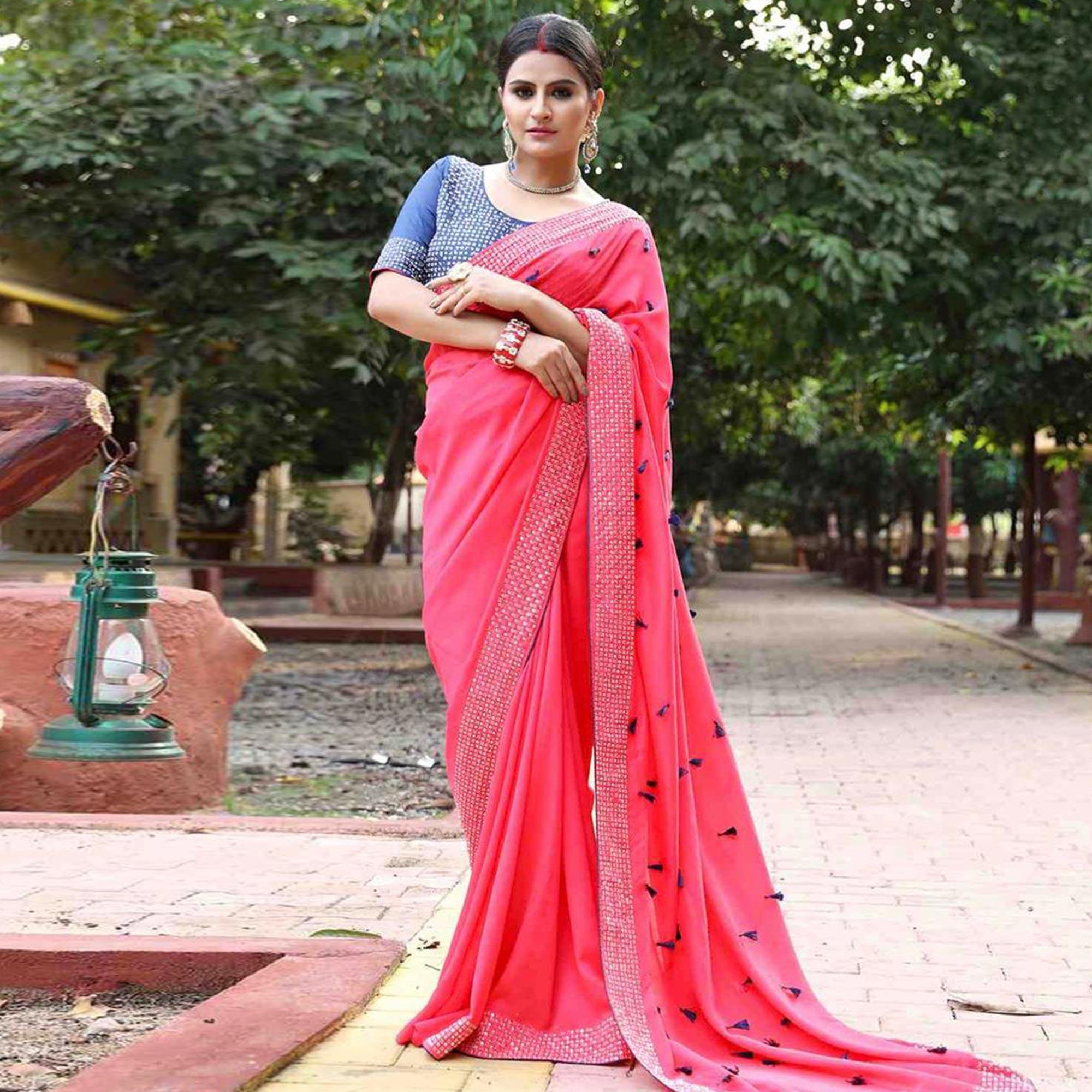 Majesty Pink Colored Partywear Diamond Work Art Silk Saree - Peachmode